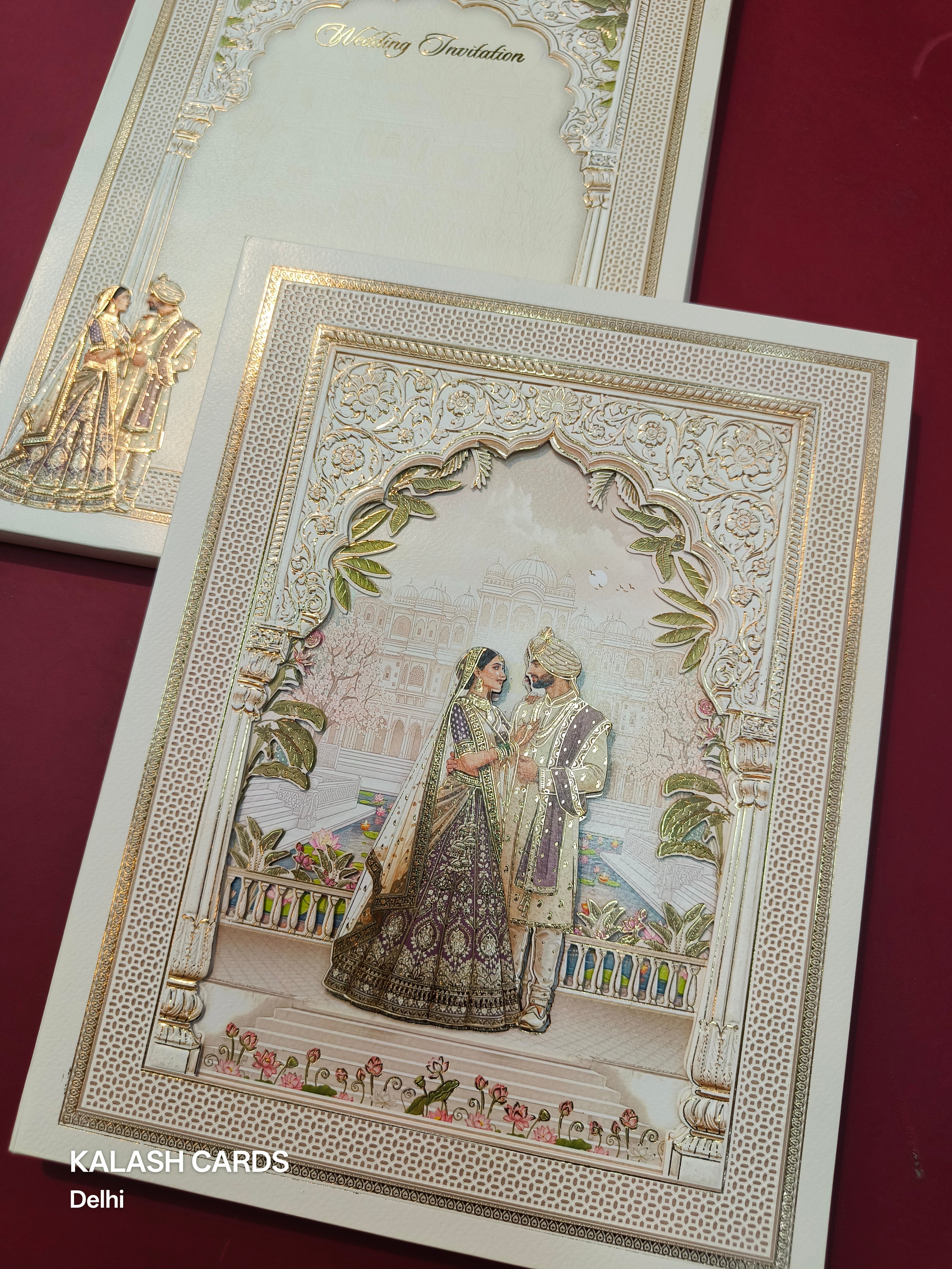 KLB522 Jharokha Raja Rani Theme Laser Cut Work Hardboard Padding Thick Wedding Card (2 Thick Page)-Kalash Cards
