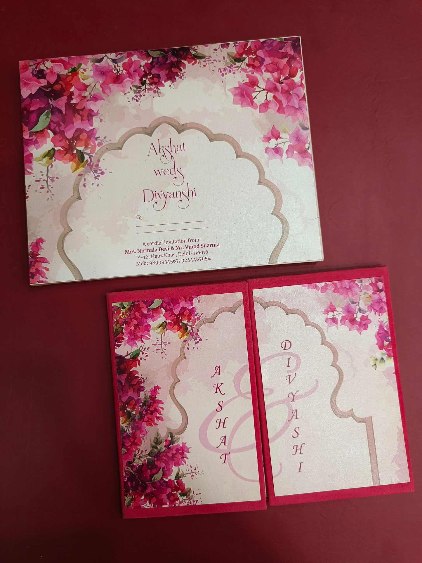 KL2111 Floral Design Door Style Velvet Fabric Thick Luxury Wedding Card with 2 Cards and Envelope-Kalash Cards