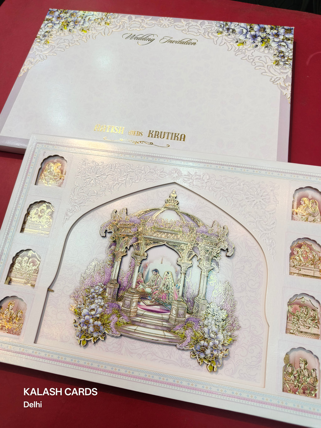 KLB521 Shubh Mandap Theme Laser Cut Work Hardboard Padding Thick Wedding Card (2 Thick Page)-Kalash Cards