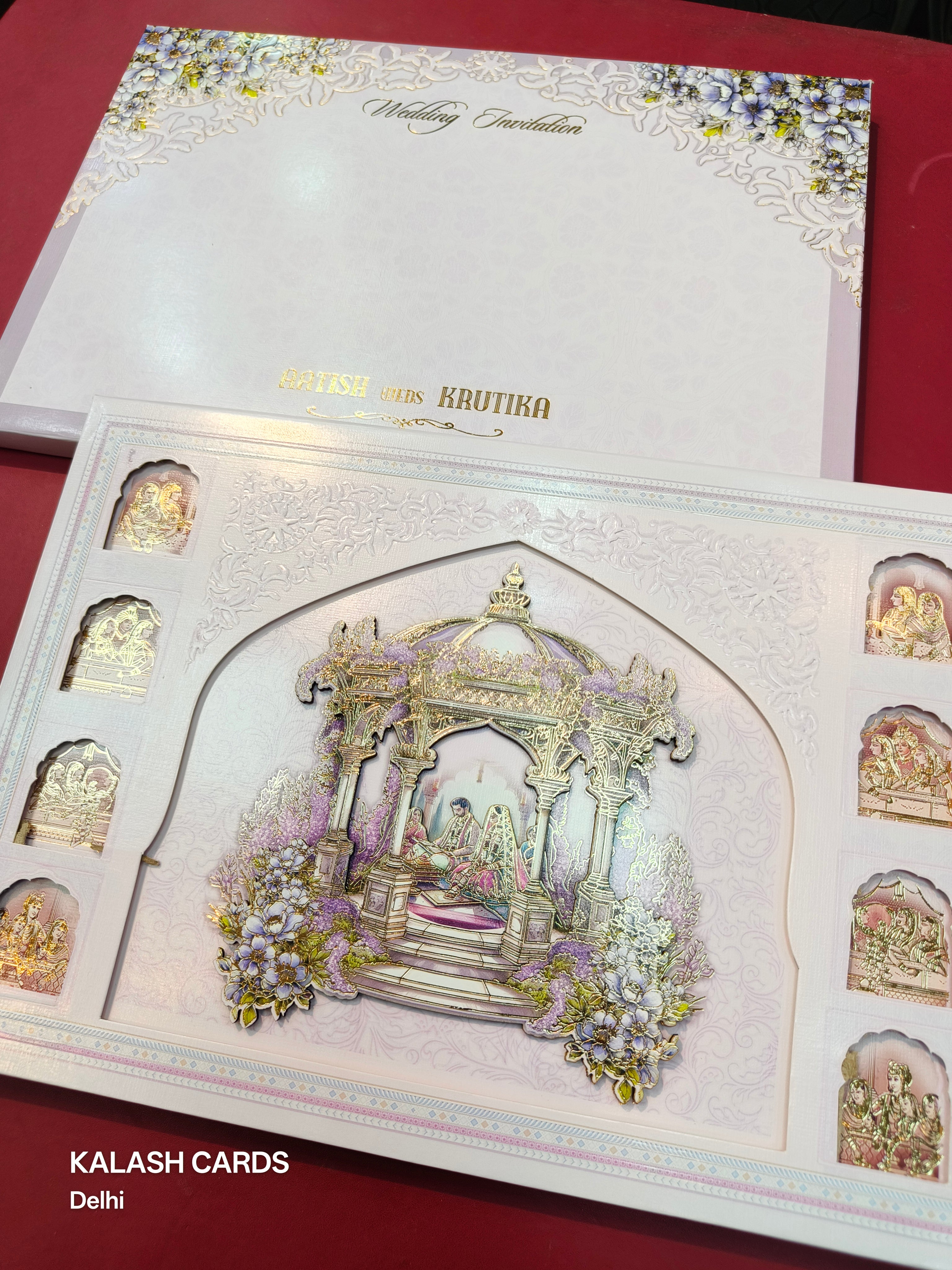 KLB521 Shubh Mandap Theme Laser Cut Work Hardboard Padding Thick Wedding Card (2 Thick Page)-Kalash Cards
