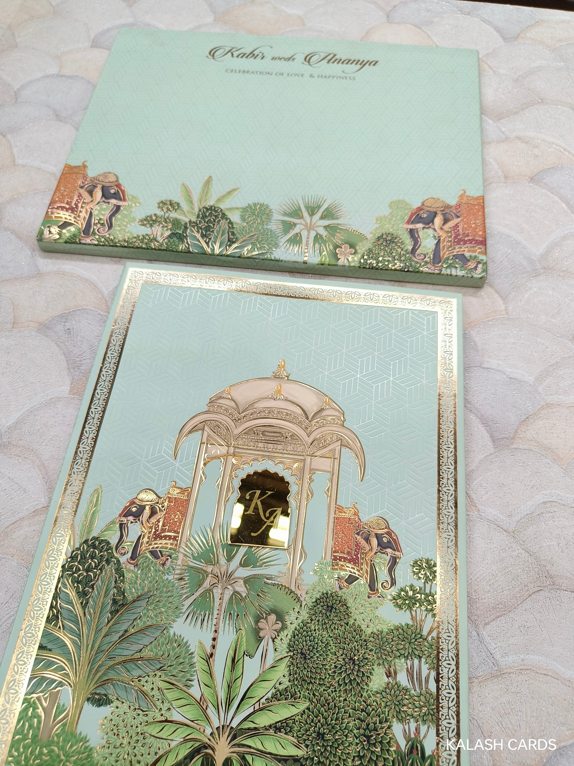 KLB702* Traditional Floral Elephant Design Hardbound Padding Thick Wedding Card with Couple Initials Acrylic Mirror-Kalash Cards