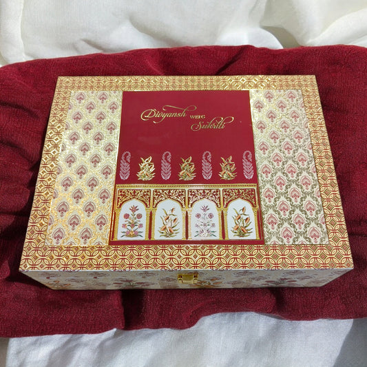 KL2165 Royal Booti Floral Design MDF Wedding Gift Box with Customisable Translucent Cover 2 Gold Foil Printed Cards (2 Jars)-Kalash Cards