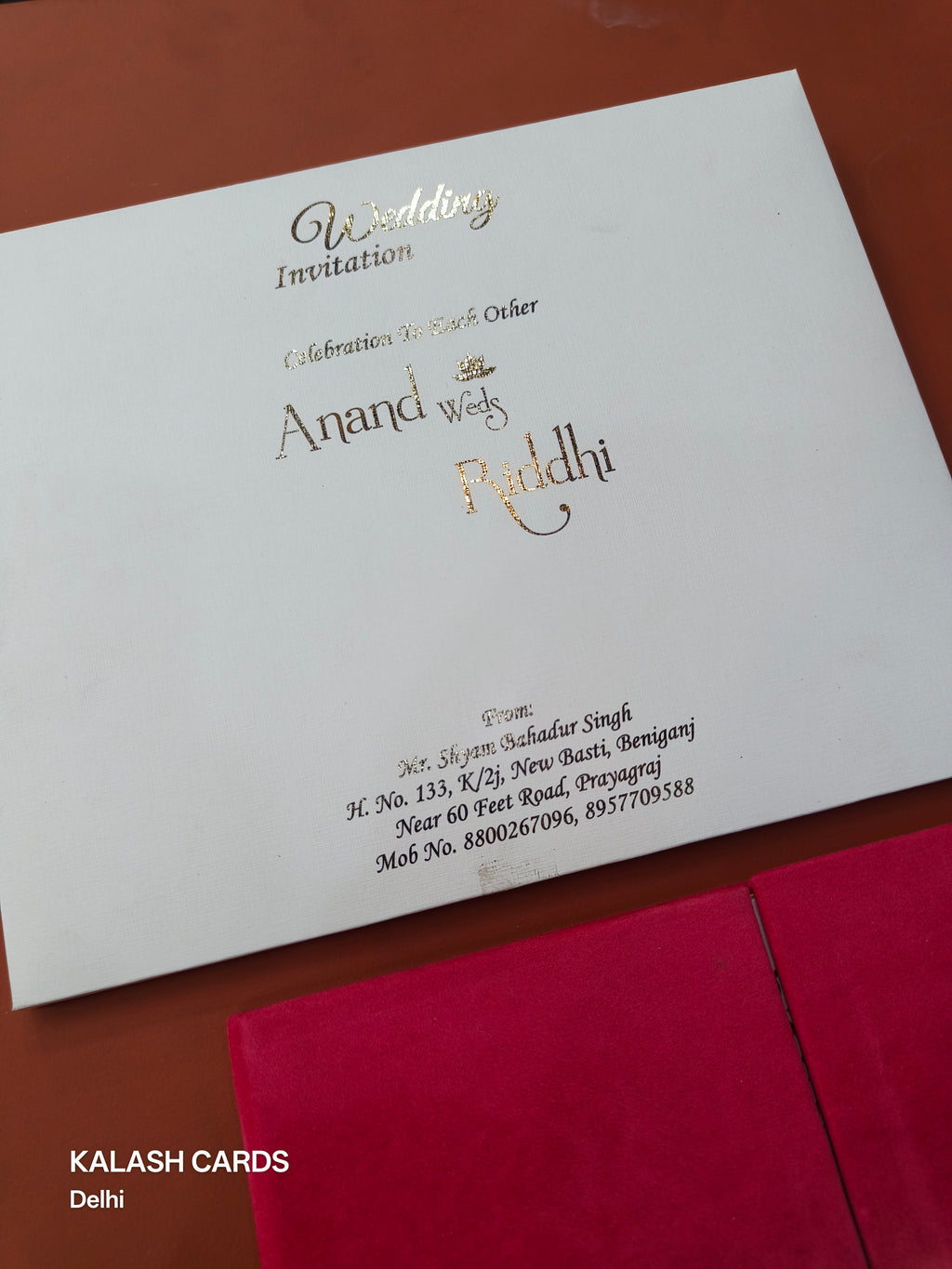 KLB1505 Luxury Velvet Gold Foil Print Hardboard Wedding Card (2 Page)-Kalash Cards