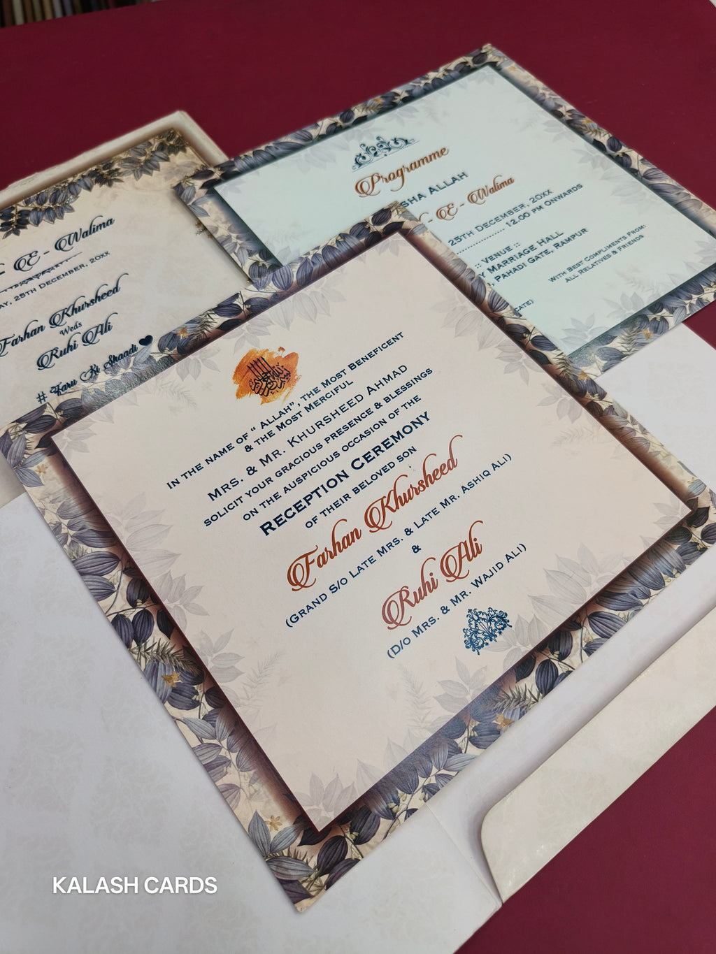 KLB502 Floral Design Semi Box Paper Wedding Card (2 Page)-Kalash Cards