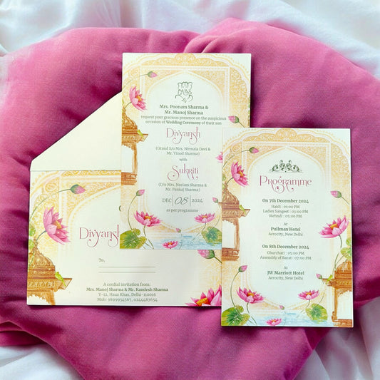 KL2214 Blooming Lotus Design Luxury Wedding Invitation Card with 2 Printed Cards & Matching Envelope