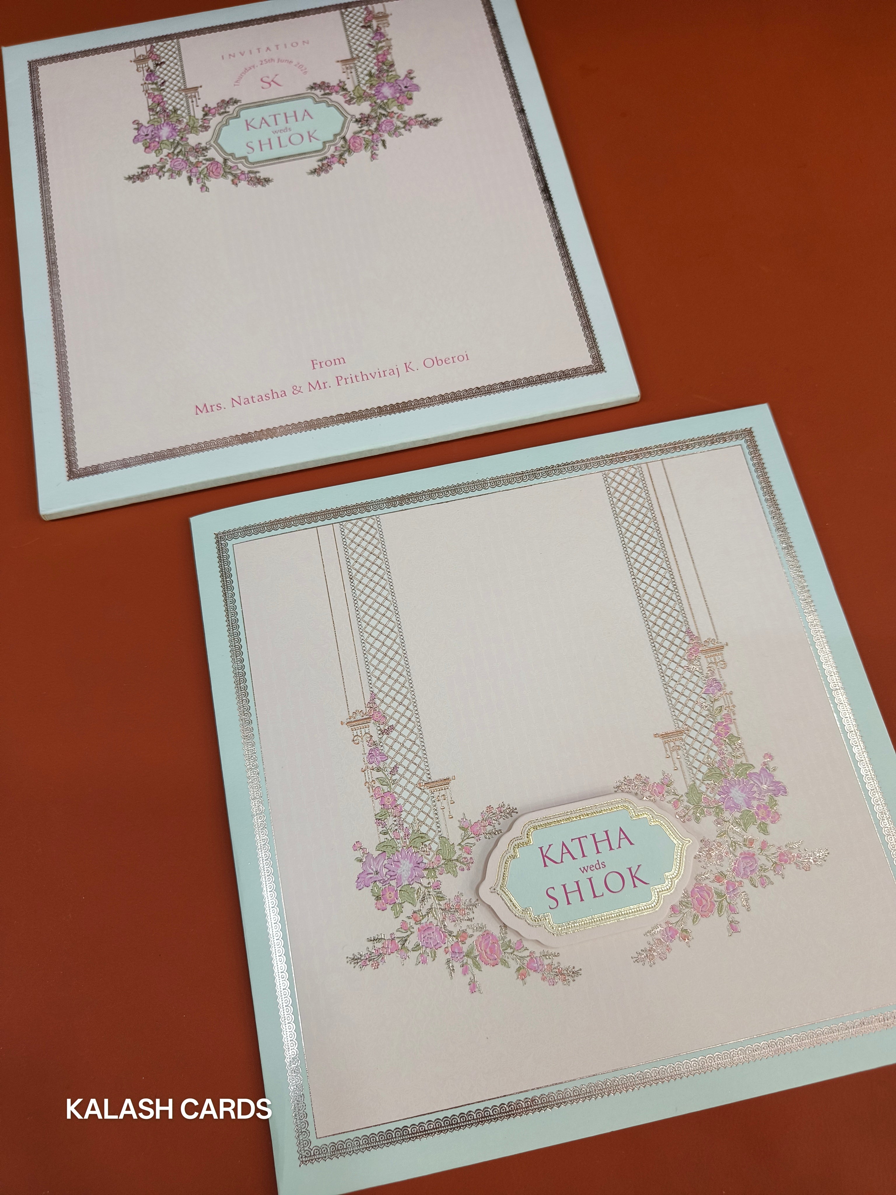 KLB527 Pastel Color Hanging Floral Theme Semi Box Wedding Card (2 Page)-Kalash Cards