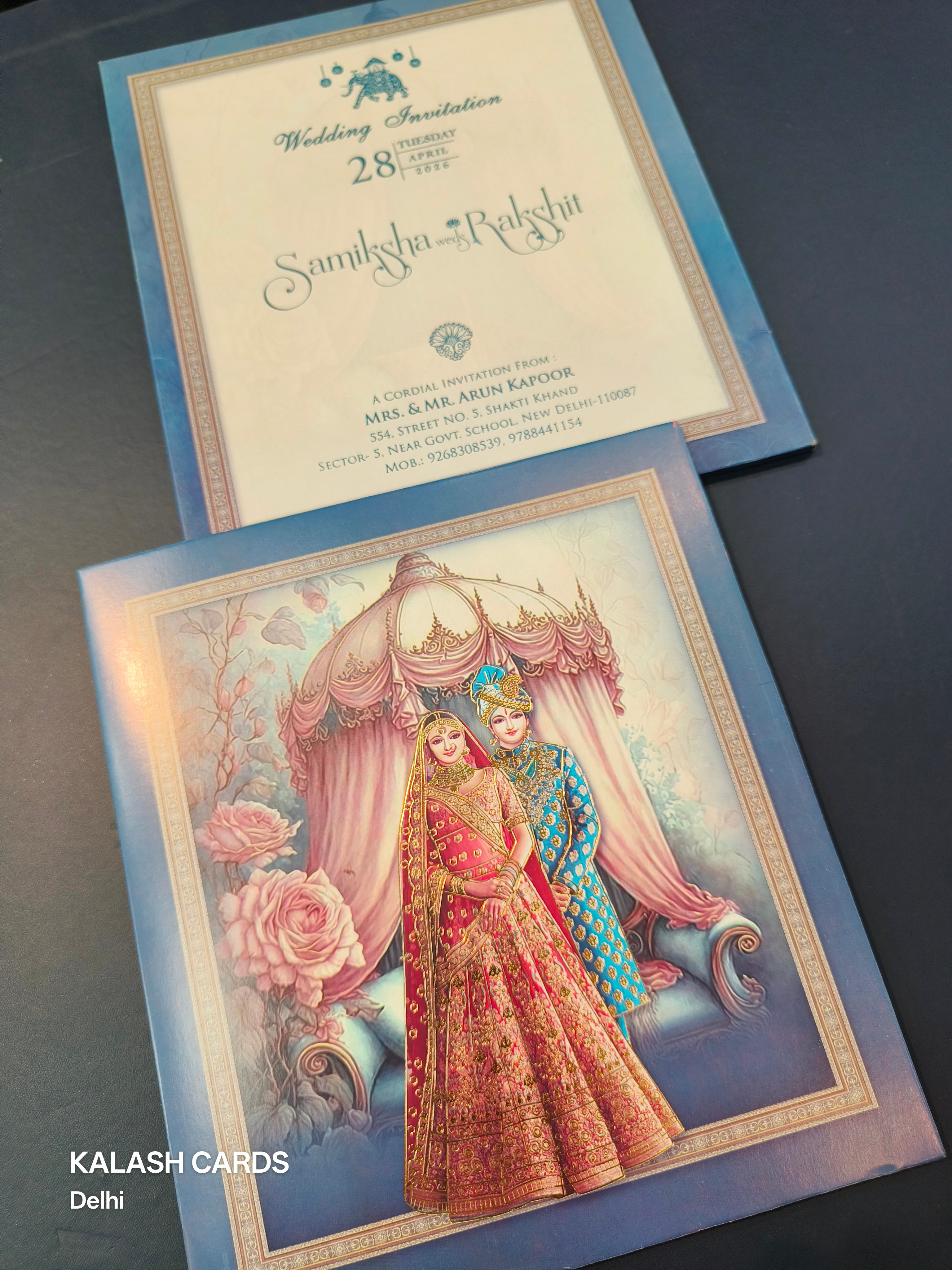 KLB577 Raja Rani Design Blue Paper Wedding Card (2 Page)-Kalash Cards
