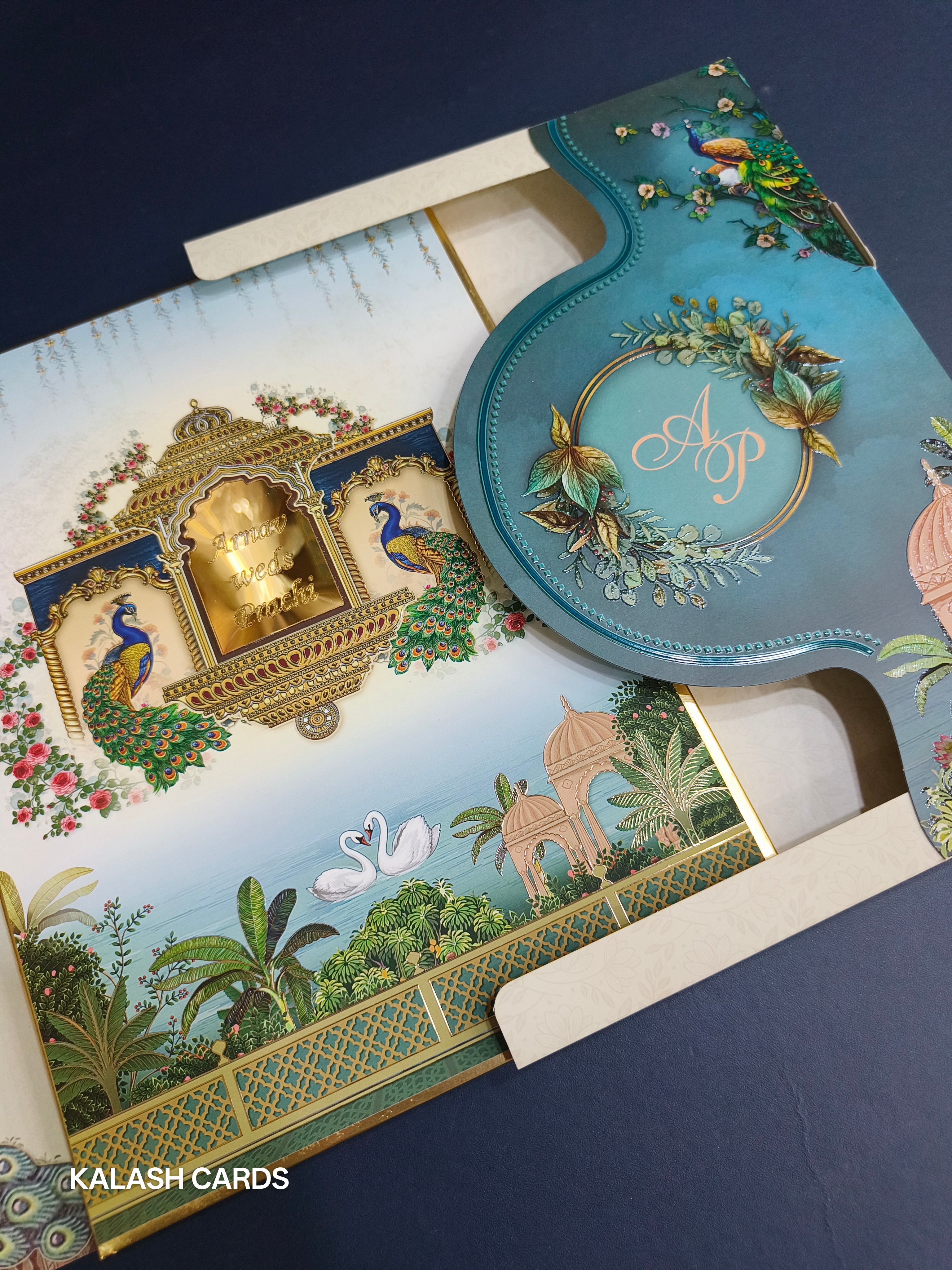 KLB512 Peacock Theme Hardboard Padding Thick Wedding Card (2 Page & 1 Etched Mirror)-Kalash Cards