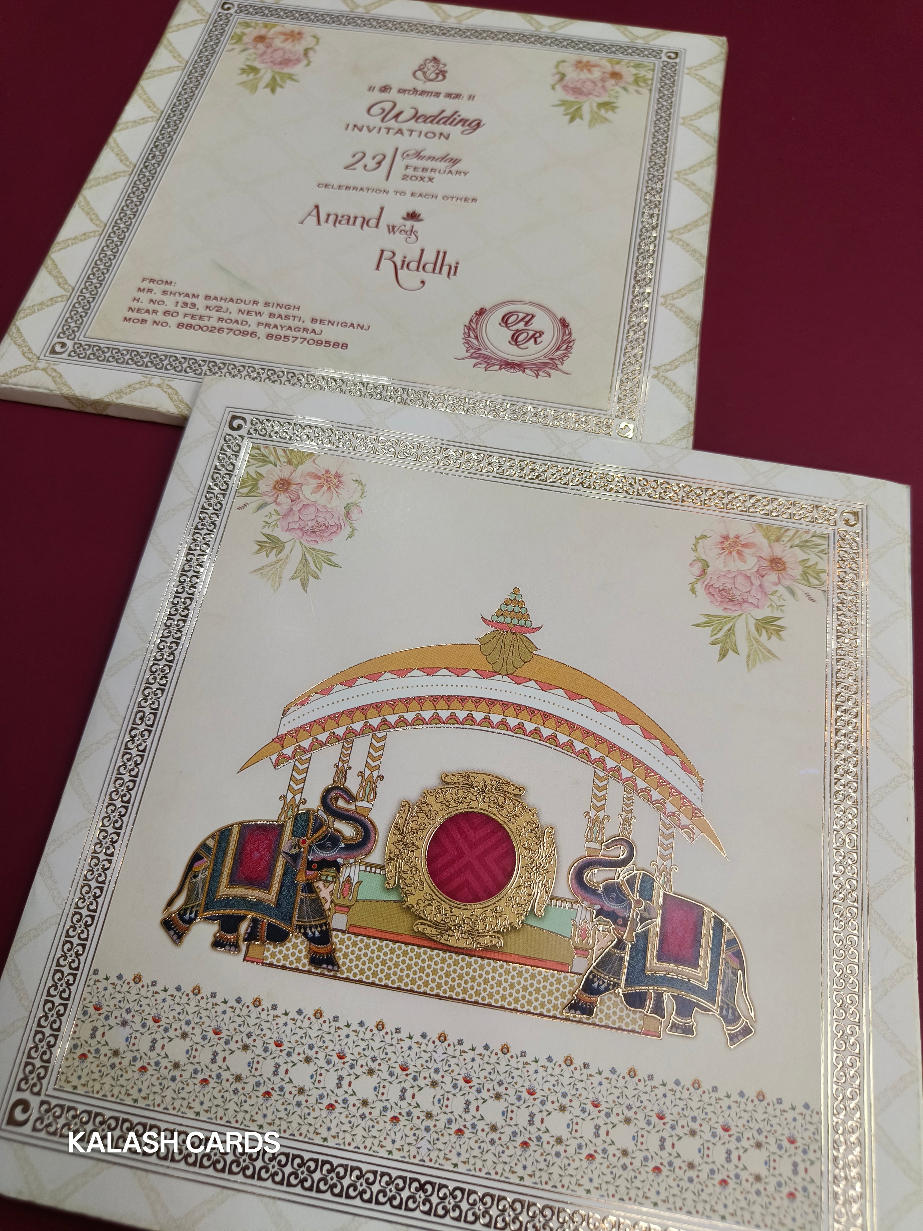 KLB517 Floral Design Elephant Theme Semi Box Paper Wedding Card (2 Page)-Kalash Cards