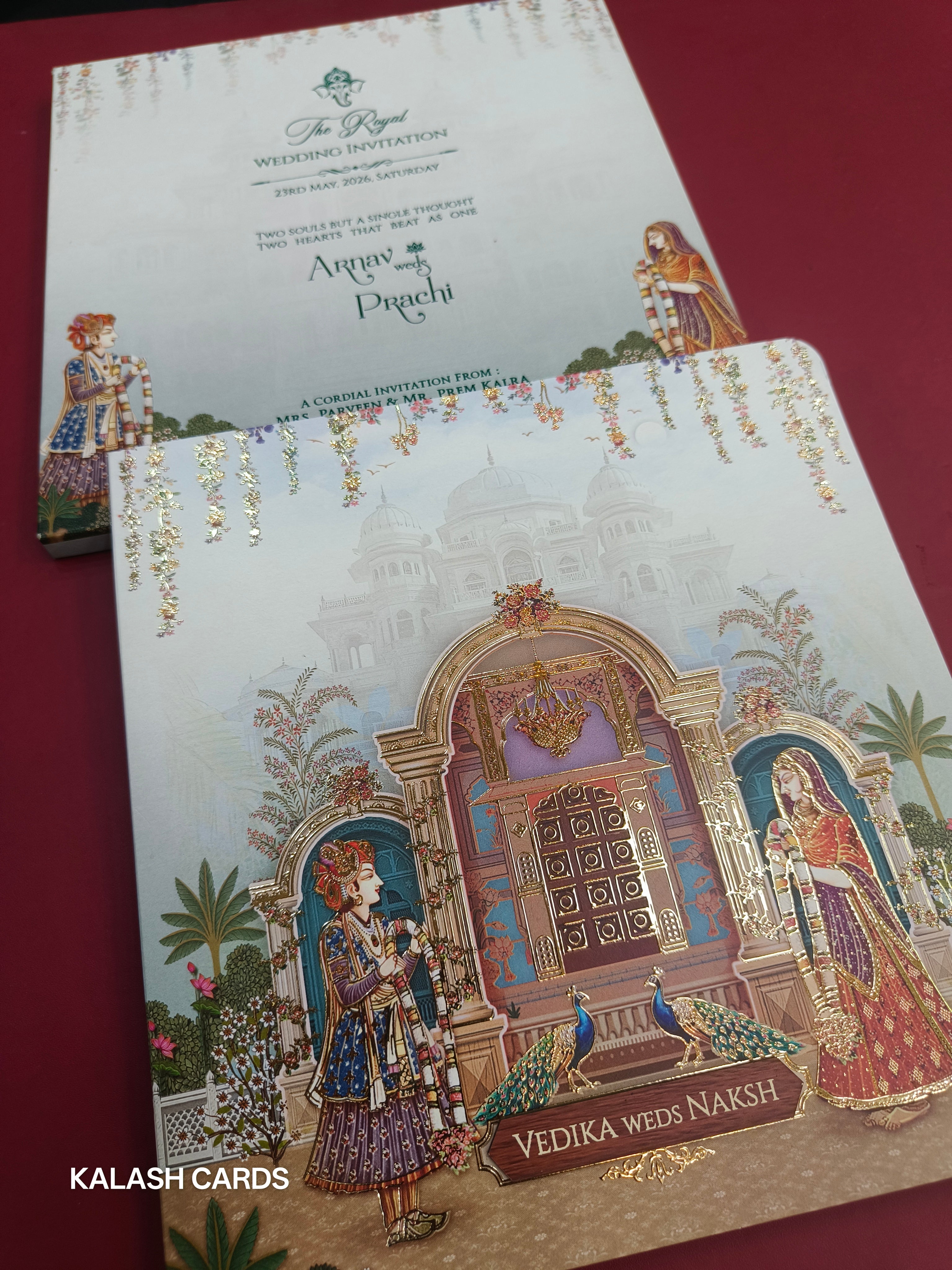 KLB529 Raja Rani Theme Premium Gold Foil Design Semi Box Paper Wedding Card (2 Page)-Kalash Cards