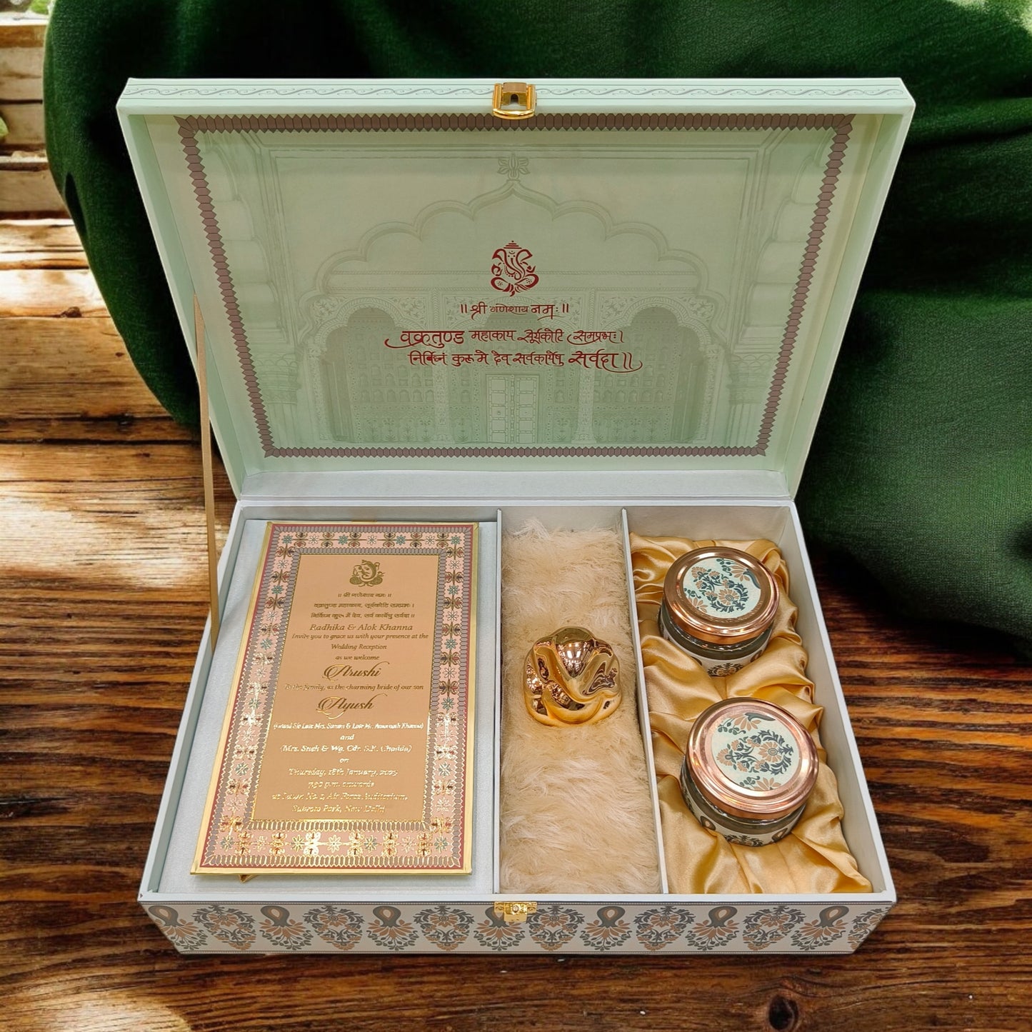 KL2205 Traditional Mandala Design MDF Wedding Gift Box with Customisable 2 Gold Foil Printed Cards (2 Jars)-Kalash Cards