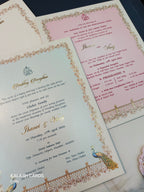 KLB508 Peacock Theme Glitter Gold Laser Cut Work Hardboard Padding Thick Wedding Card (2 Thick Page)-Kalash Cards