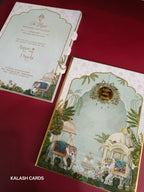KLB513 Royal Elephant Theme Hardboard Padding Thick Wedding Card (2 Page & 1 Etched Mirror)-Kalash Cards