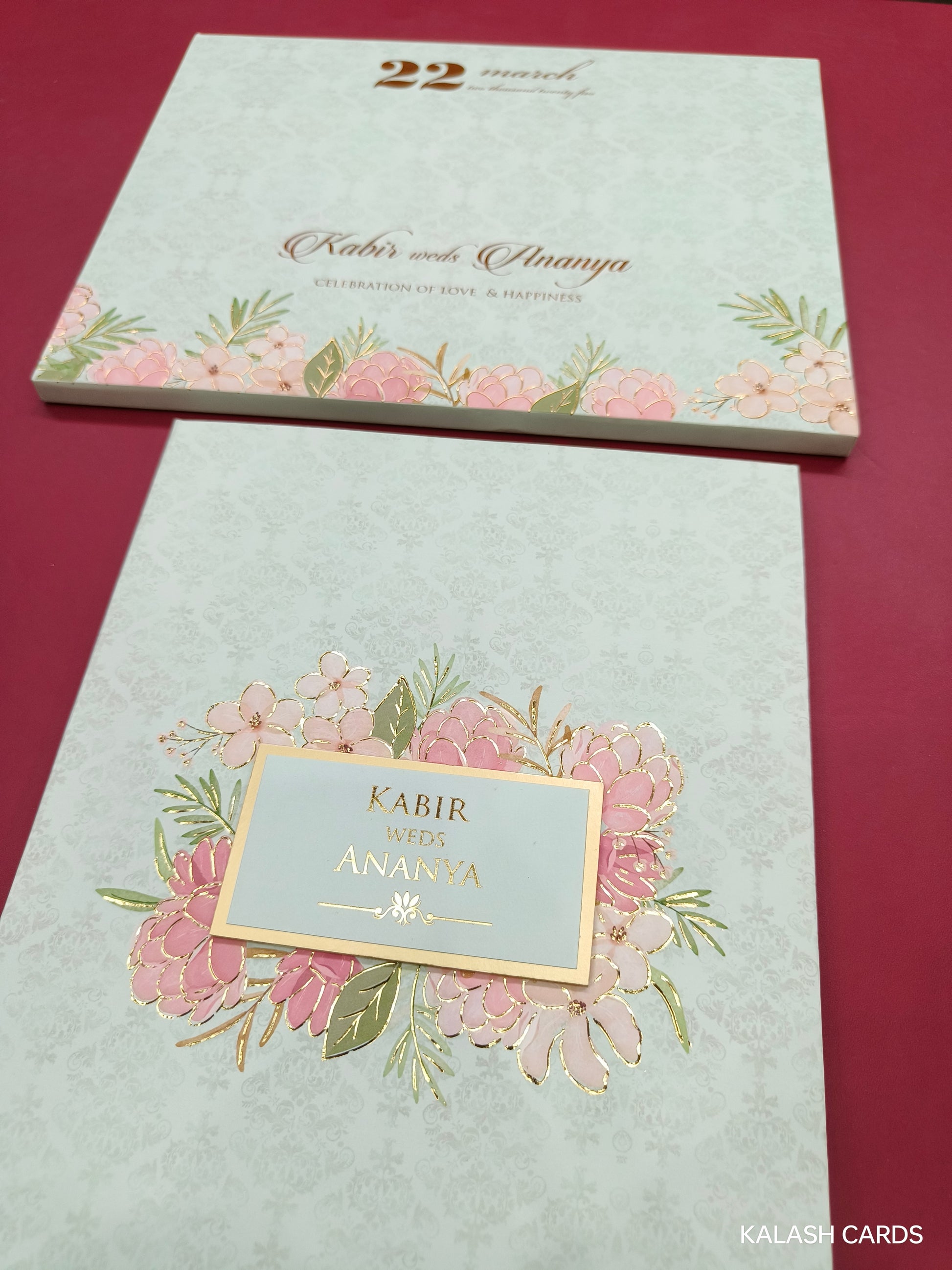 KLB698* Luxury Floral Design Hardbound Padding Thick Wedding Card with Couple Name Acrylic Mirror-Kalash Cards