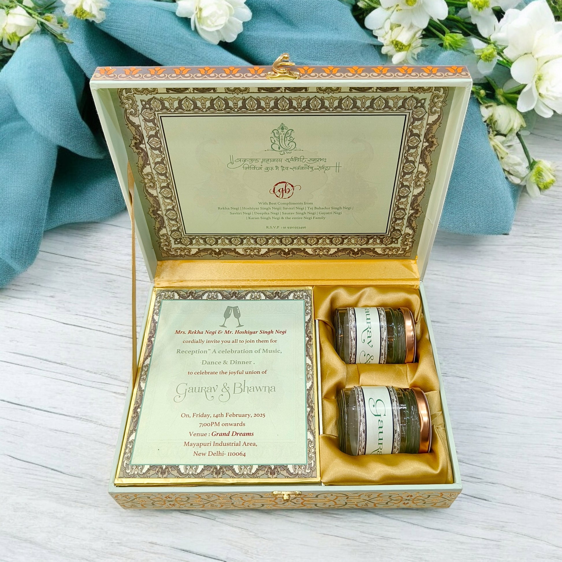 KL9043B Traditional Peacock Design Luxury MDF Wedding Gift Box with 2 Printed Card Inserts (2 Jars)-Kalash Cards