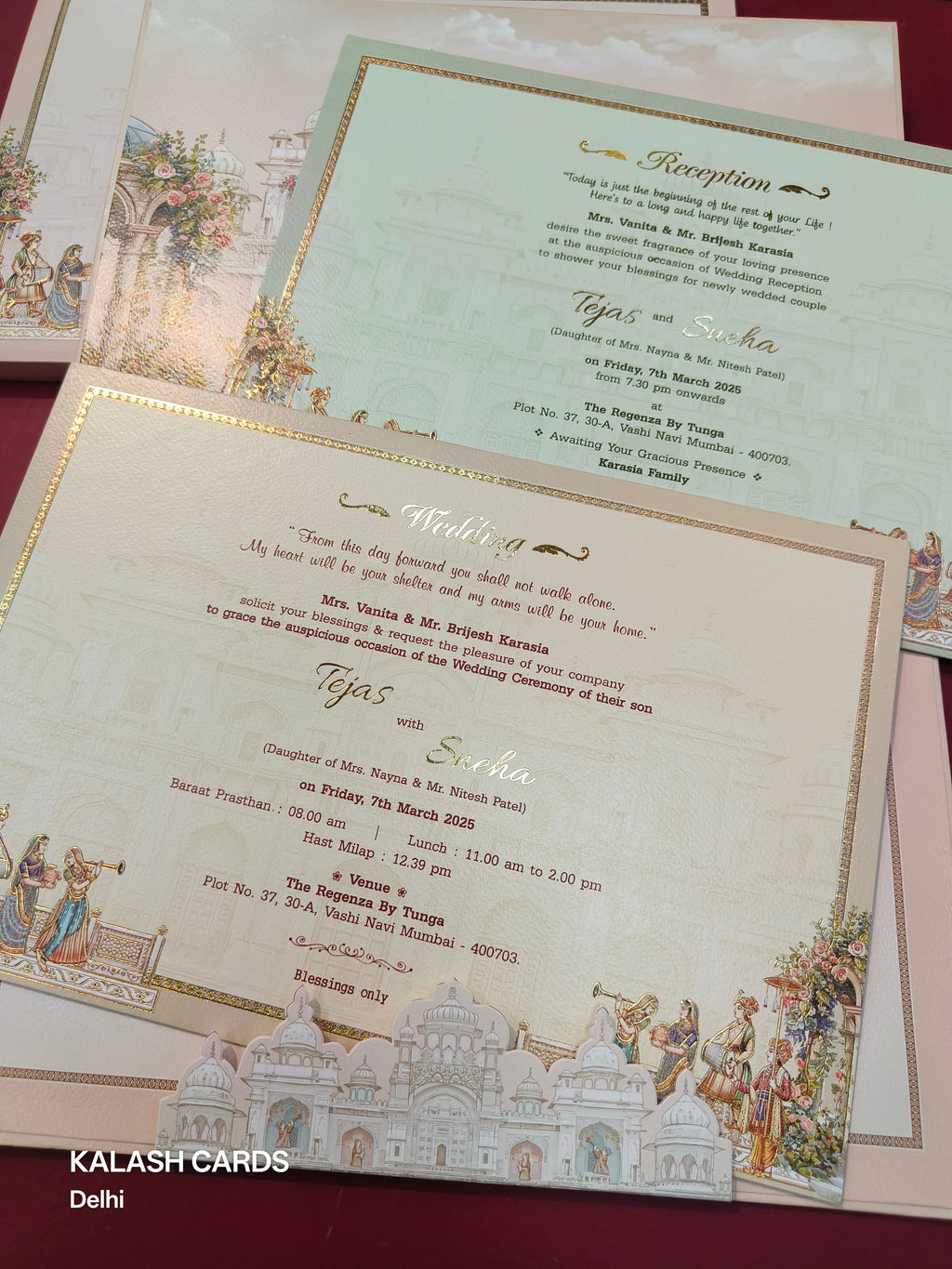 KLB518 Royal Fort Theme Glitter Gold Laser Cut Work Hardboard Padding Thick Wedding Card (2 Thick Page)-Kalash Cards