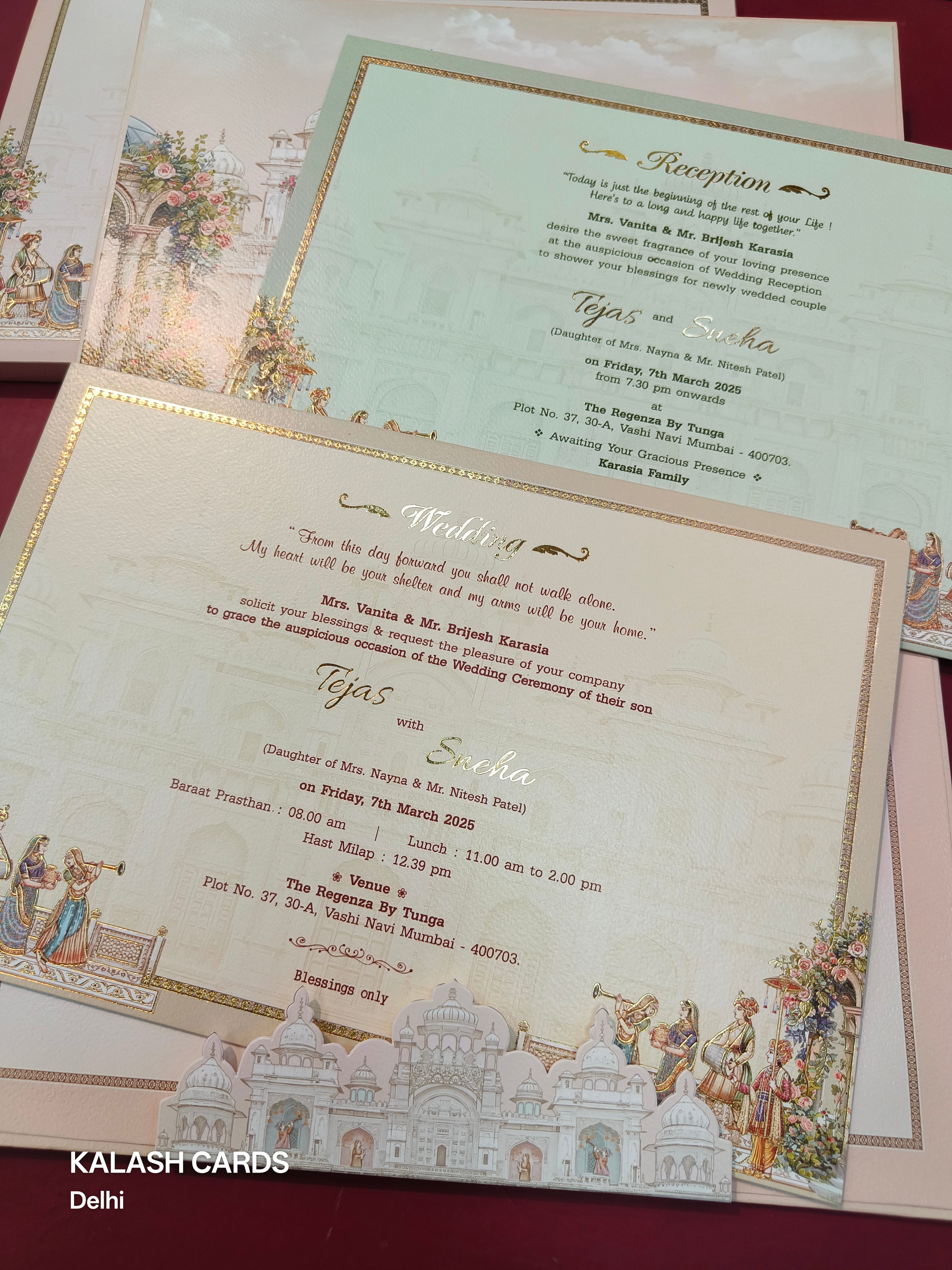 KLB518 Royal Fort Theme Glitter Gold Laser Cut Work Hardboard Padding Thick Wedding Card (2 Thick Page)-Kalash Cards