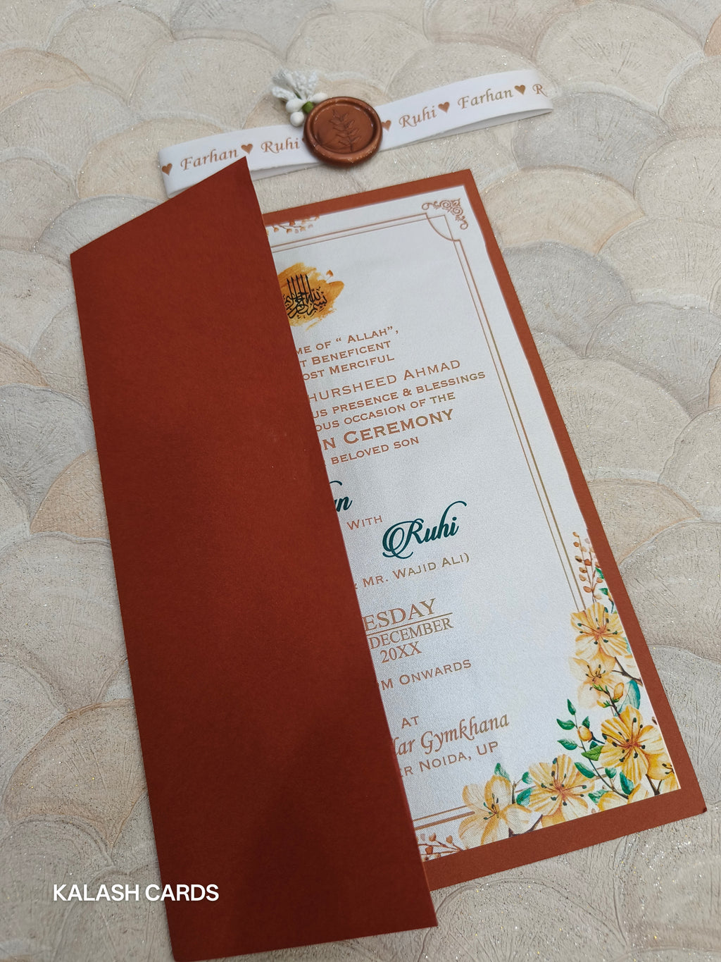 KL2133 Minimal Floral Design Wedding Card with Flower Seal and Band (1 Page)-Kalash Cards