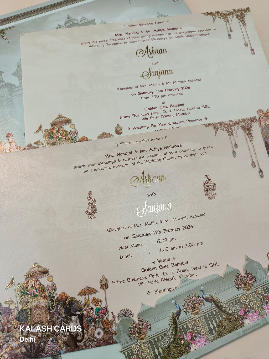 KLB520 Pastel Green Royal Barat Theme Laser Cut Work Hardboard Padding Thick Wedding Card (2 Thick Page)-Kalash Cards