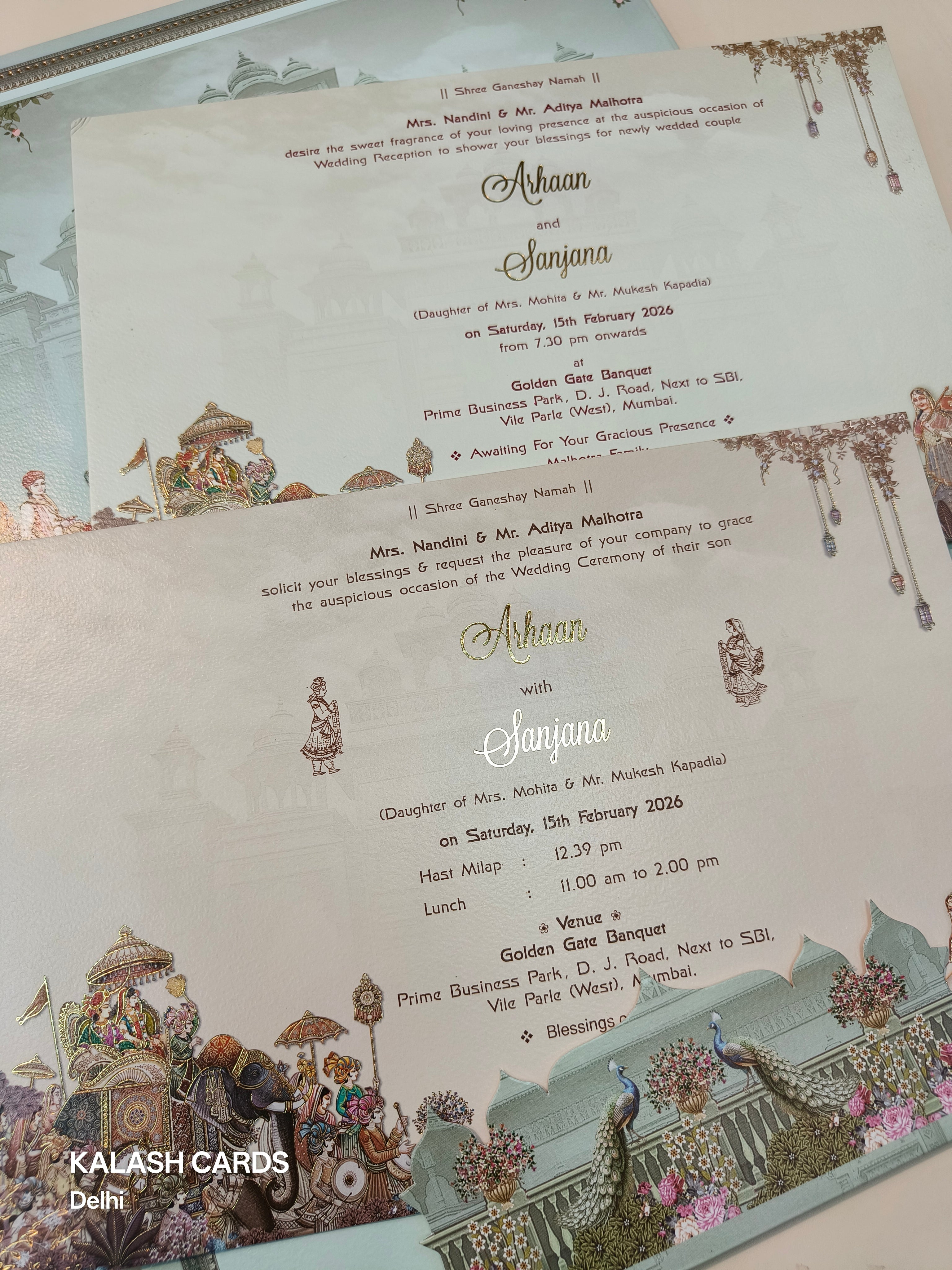 KLB520 Pastel Green Royal Barat Theme Laser Cut Work Hardboard Padding Thick Wedding Card (2 Thick Page)-Kalash Cards