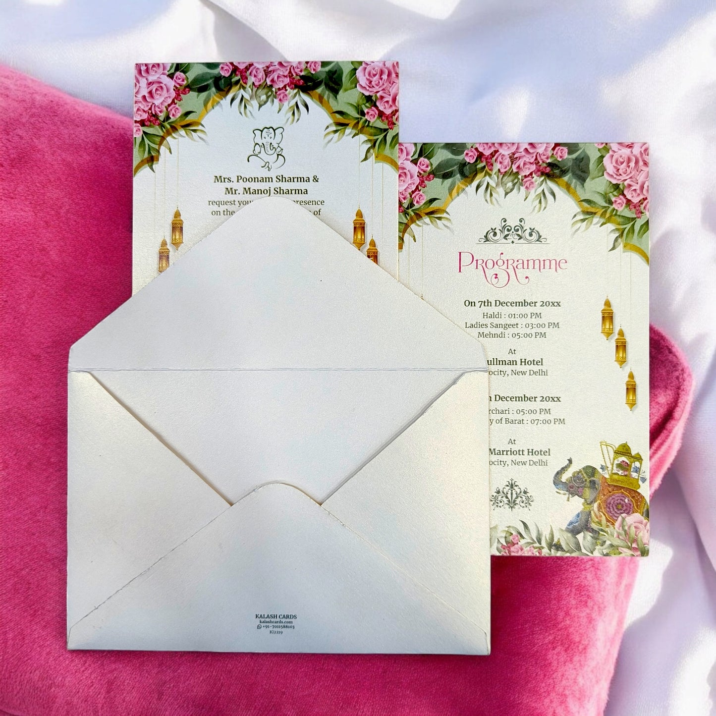 KL2219 Royal Elephant Design Luxury Wedding Invitation Card with 2 Printed Cards and Matching Envelope-Kalash Cards