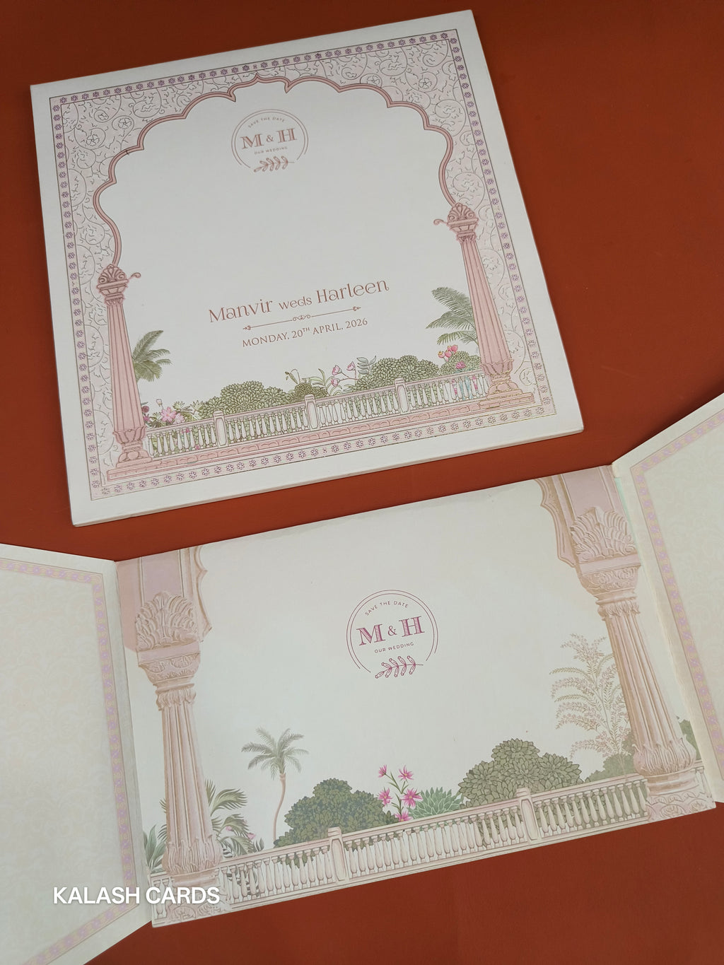 KLB507 Pastel Pink Royal Theme Semi Box Wedding Card (2 Page)-Kalash Cards