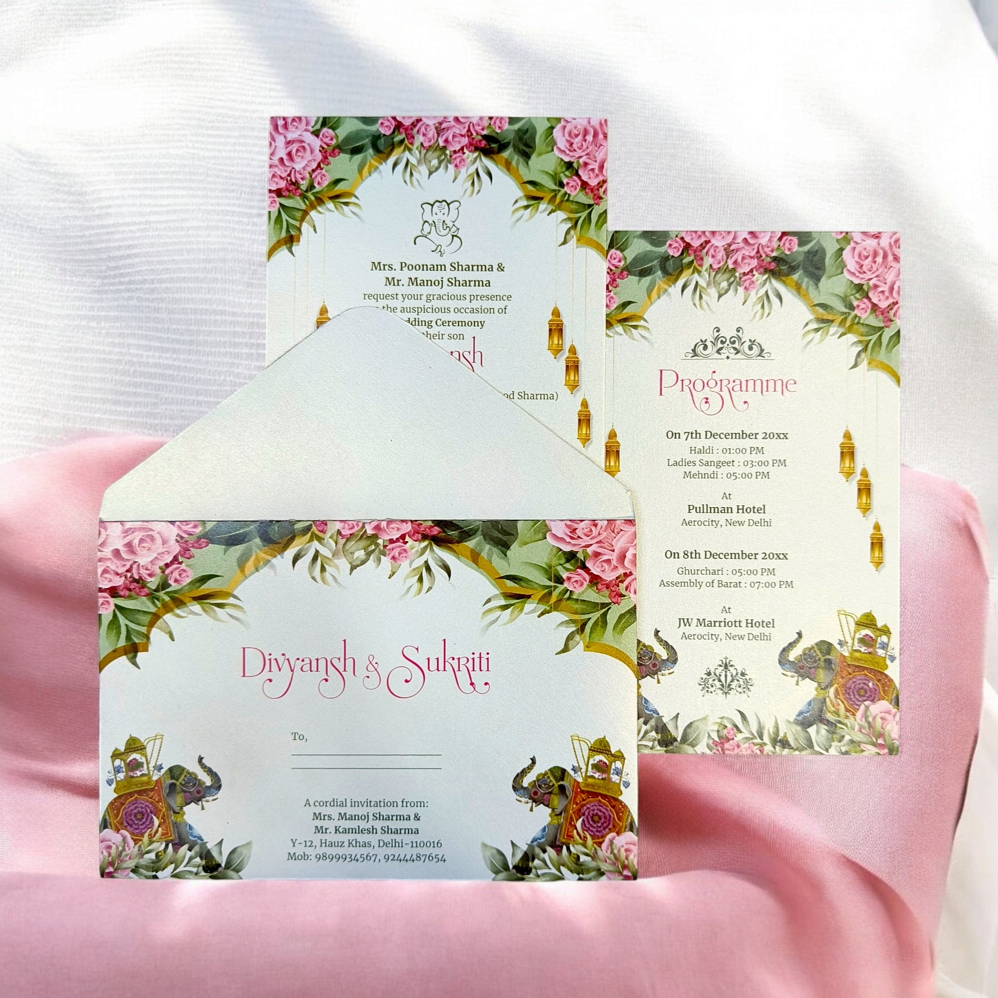 KL2219 Royal Elephant Design Luxury Wedding Invitation Card with 2 Printed Cards and Matching Envelope-Kalash Cards