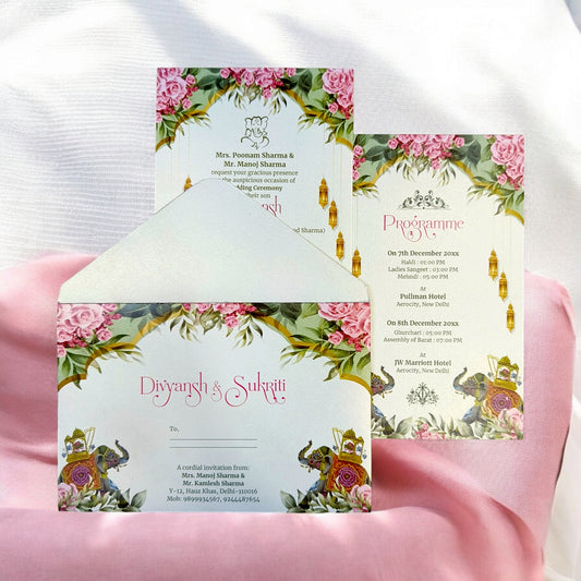 KL2219 Royal Elephant Design Luxury Wedding Invitation Card with 2 Printed Cards and Matching Envelope-Kalash Cards