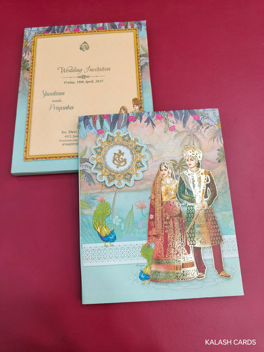 KLB742 Raja Rani Traditional Design Hardbound Padding Thick Wedding Card-Kalash Cards