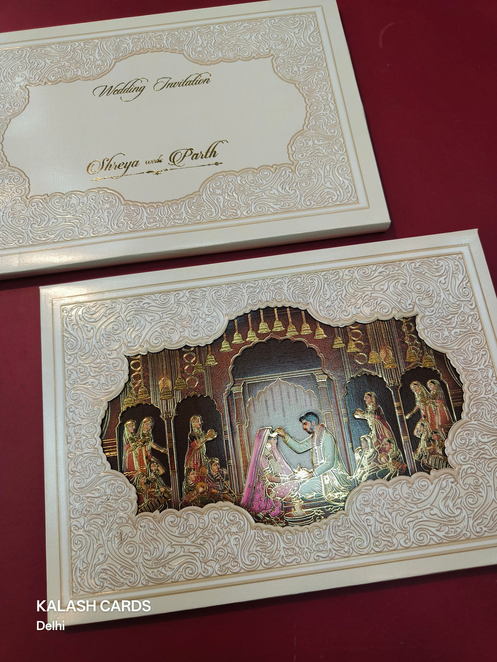 KLB524 Royal Mandap Theme Laser Cut Work Hardboard Padding Thick Wedding Card (2 Thick Page)-Kalash Cards