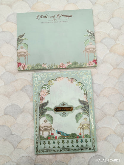 KLB705* Royal Pichwai Theme Hardbound Padding Thick Wedding Card with Couple Initial Acrylic Mirror-Kalash Cards