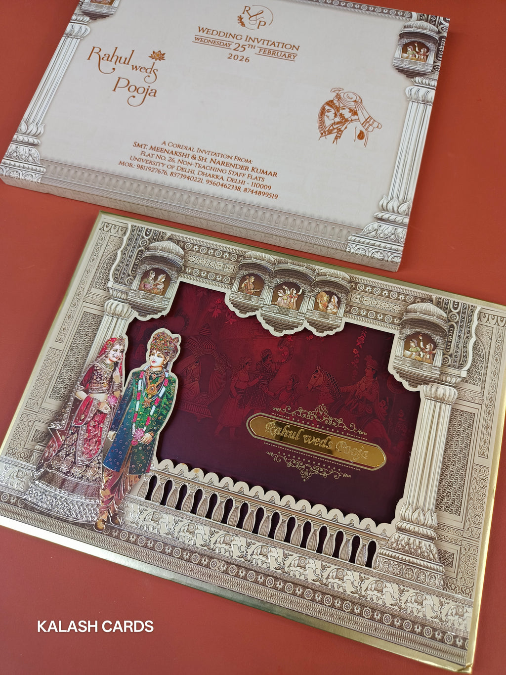 KLB564 Raja Rani Theme Raja Rani Design Hardboard Padding Thick Wedding Card (2 Page)-Kalash Cards