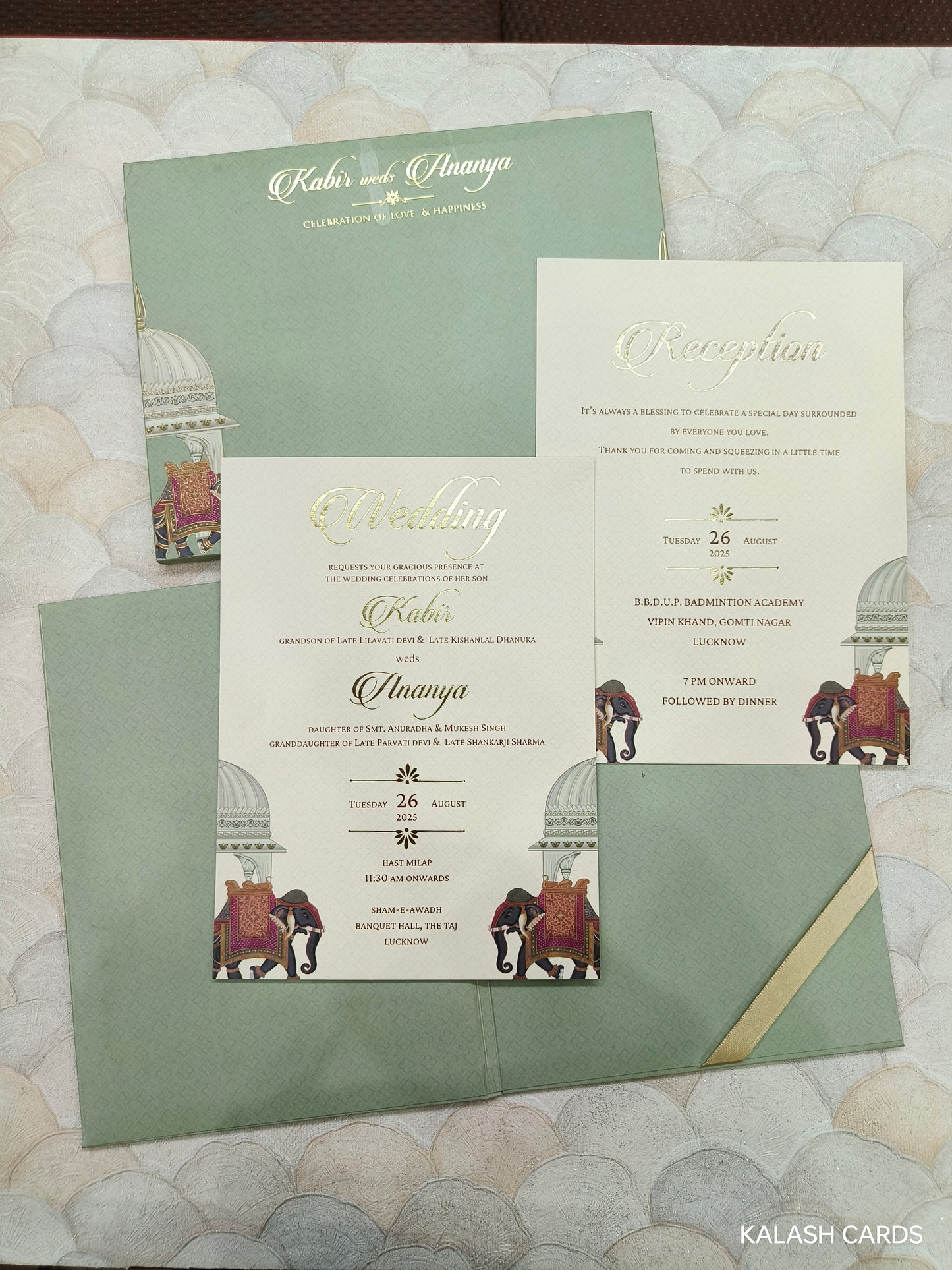 KLB693* Luxury Traditional Elephant Design Hardbound Padding Thick Wedding Card with Couple Name Acrylic Mirror-Kalash Cards