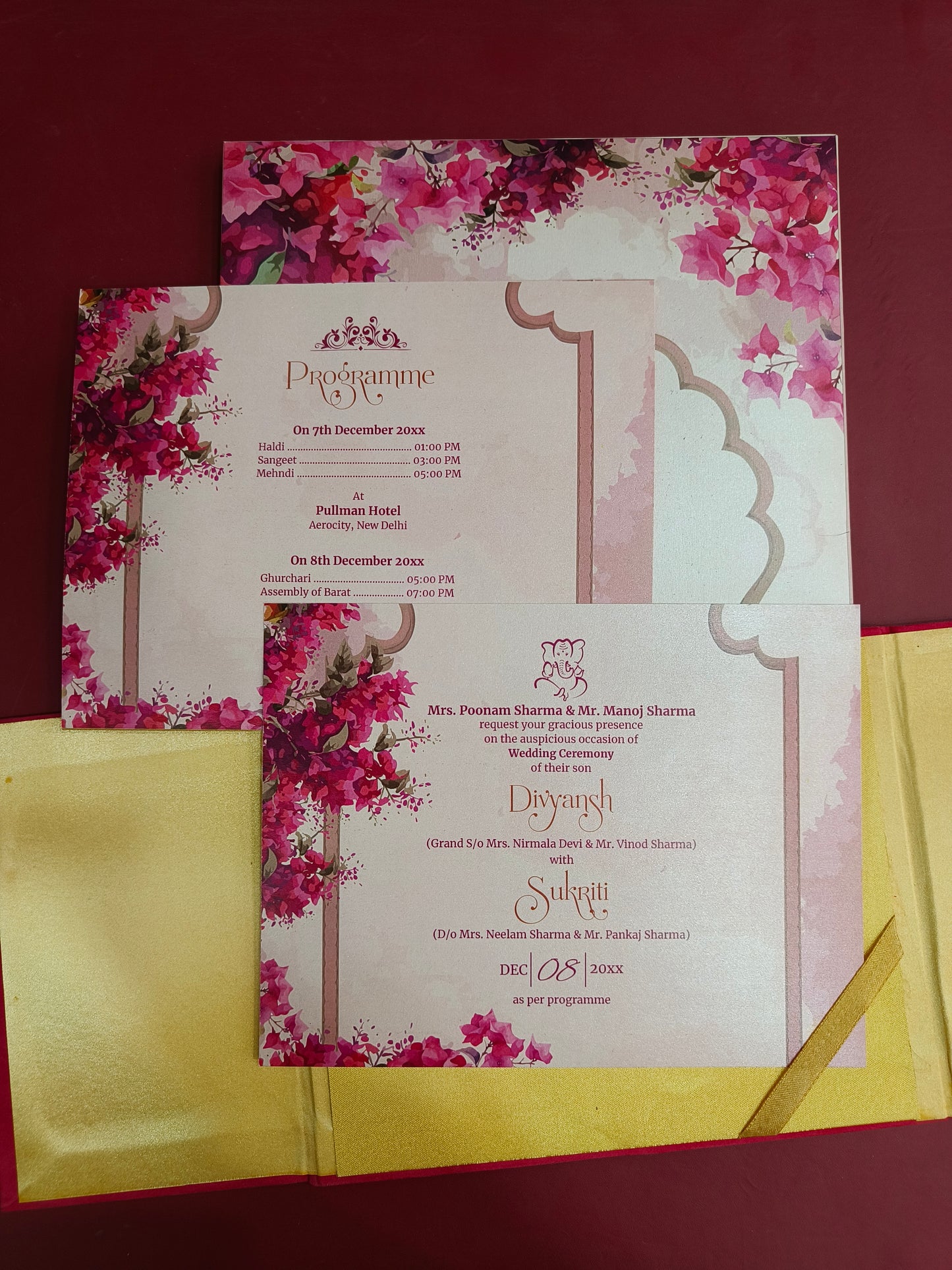 KL2111 Floral Design Door Style Velvet Fabric Thick Luxury Wedding Card with 2 Cards and Envelope-Kalash Cards