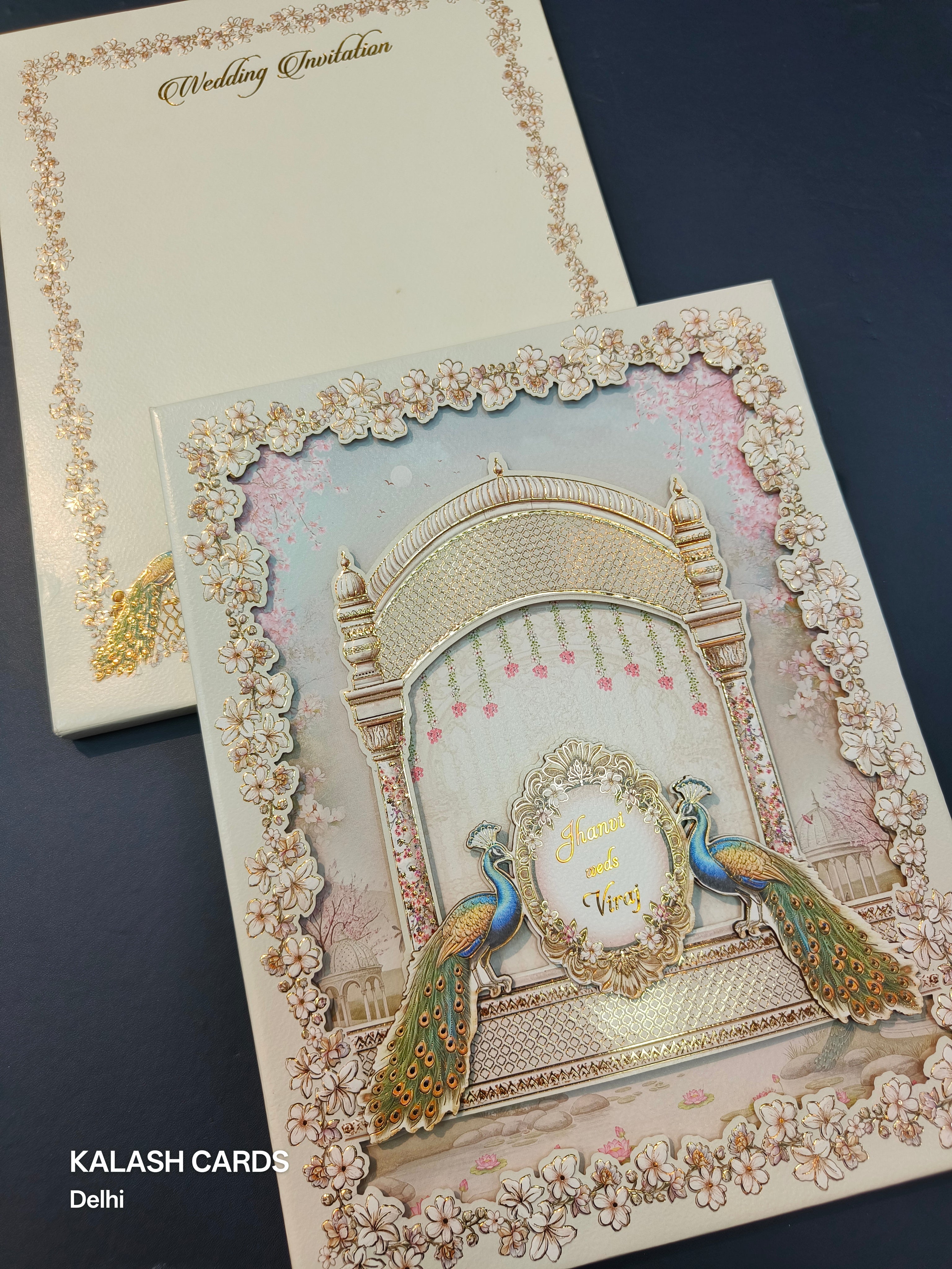 KLB508 Peacock Theme Glitter Gold Laser Cut Work Hardboard Padding Thick Wedding Card (2 Thick Page)-Kalash Cards
