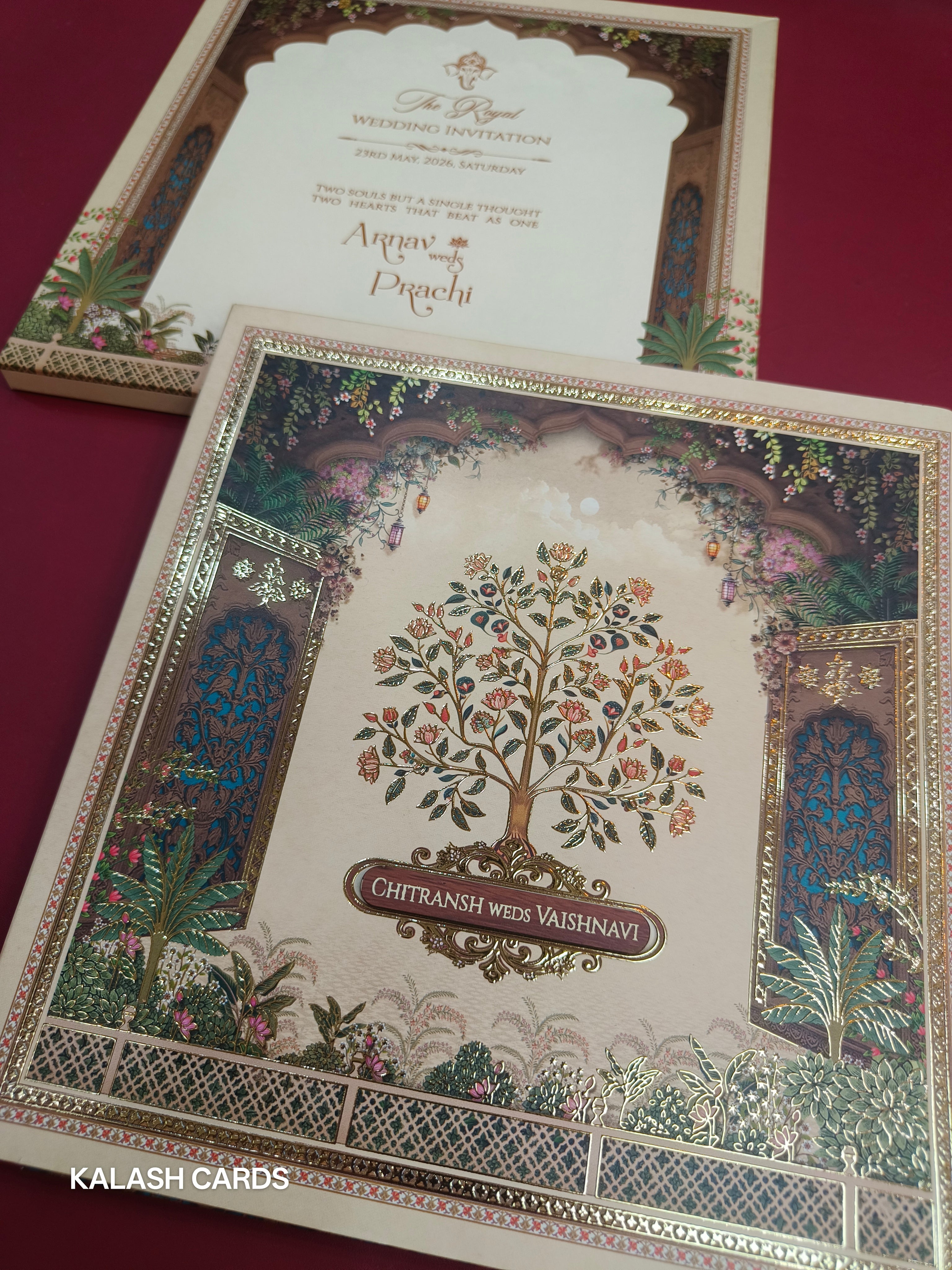 KLB522 Pichwai Theme Premium Gold Foil Design Semi Box Paper Wedding Card (2 Page)-Kalash Cards