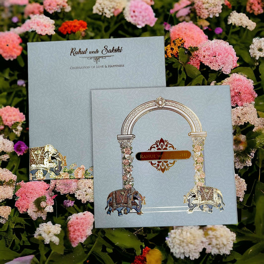 KLB554 Traditional Elephant Design Luxury Thick Wedding Card with 2 Inserts-Kalash Cards