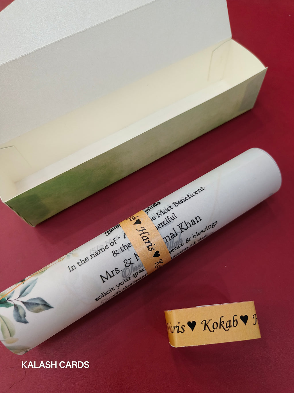KL2094 Luxury Translucent Scroll Wedding Card with Matching Box Cover and Personalised Band-Kalash Cards