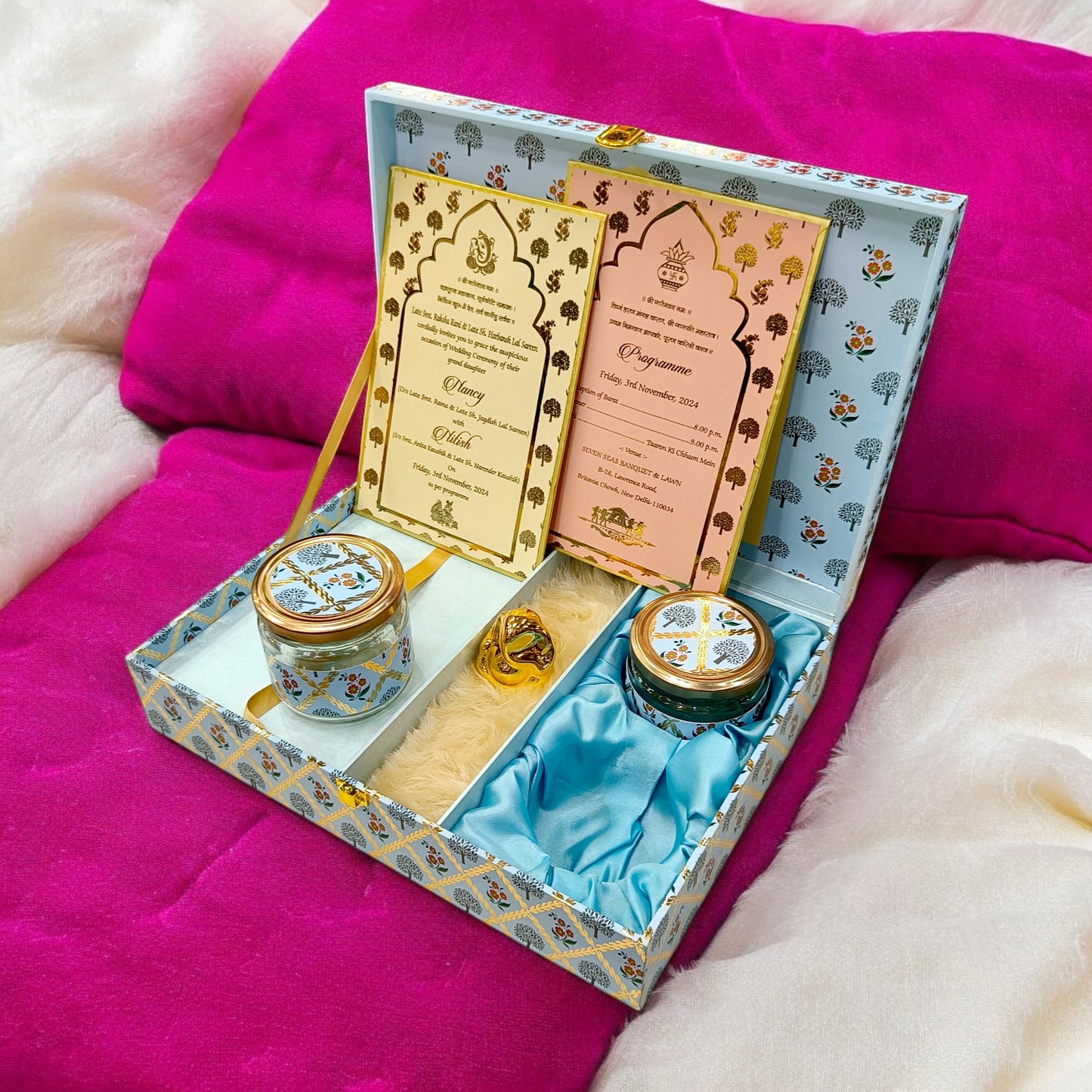 KL220 Floral Damask Design MDF Wedding Gift Box with Customisable 2 Gold Foil Printed Cards and Ganpati Murti (2 Jars)-Kalash Cards