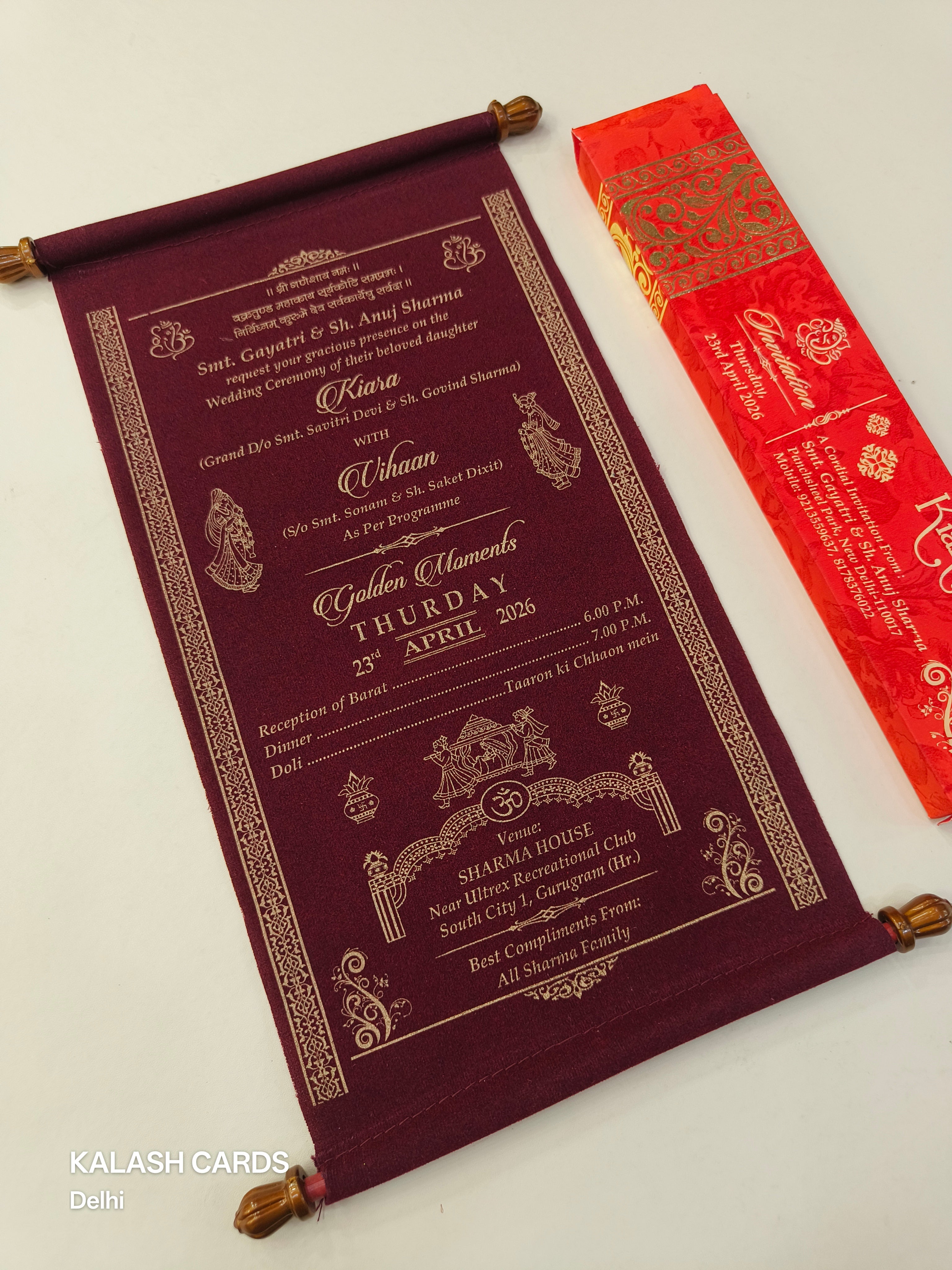 KL19 Velvet Fabric Scroll Wedding Card with Box-Kalash Cards