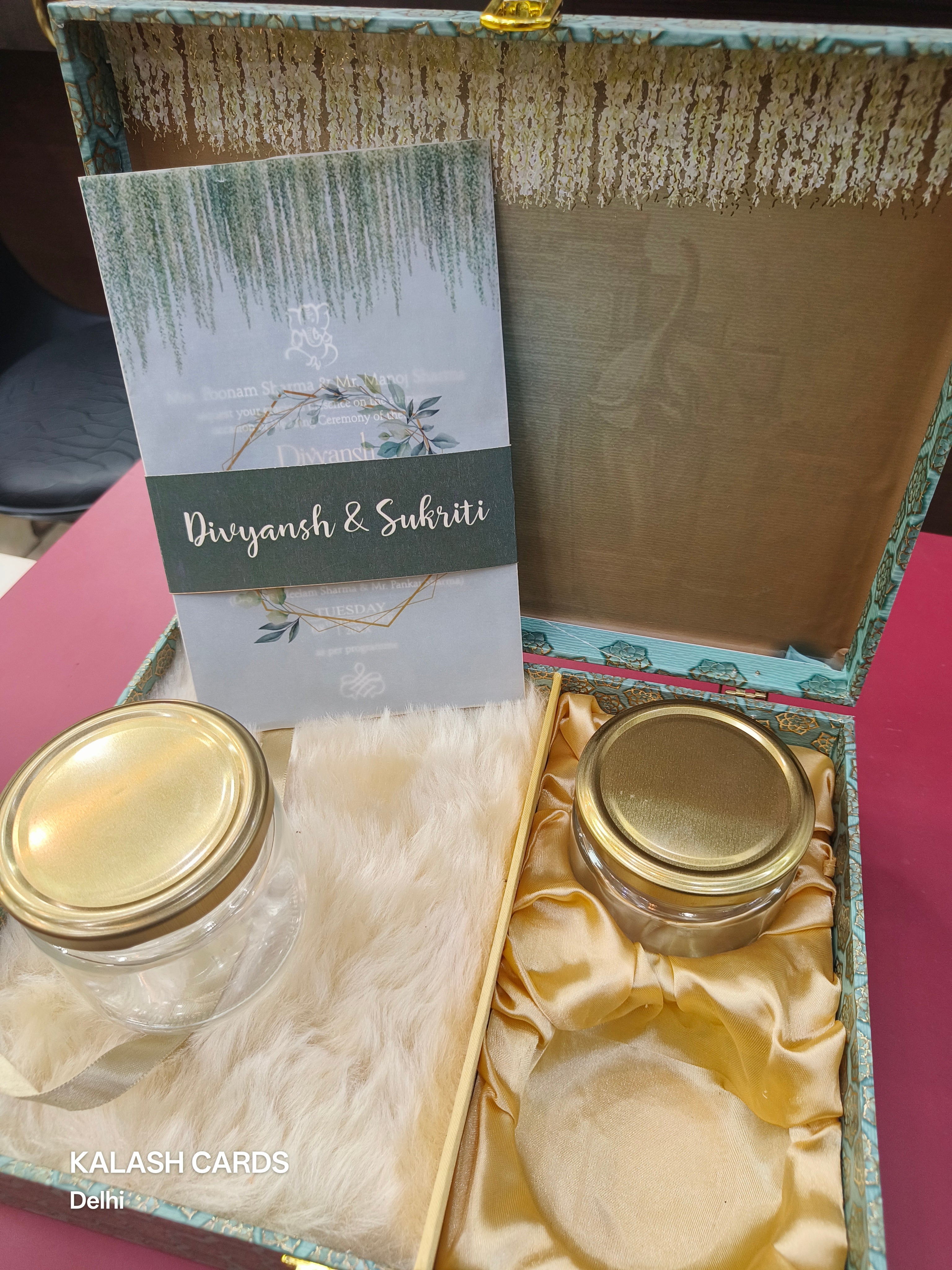 KL9084 Exclusive Floral Border Design Wood MDF Luxury Gift Box with 2 Page Translucent Cover Card (2 L1 Jars)-Kalash Cards