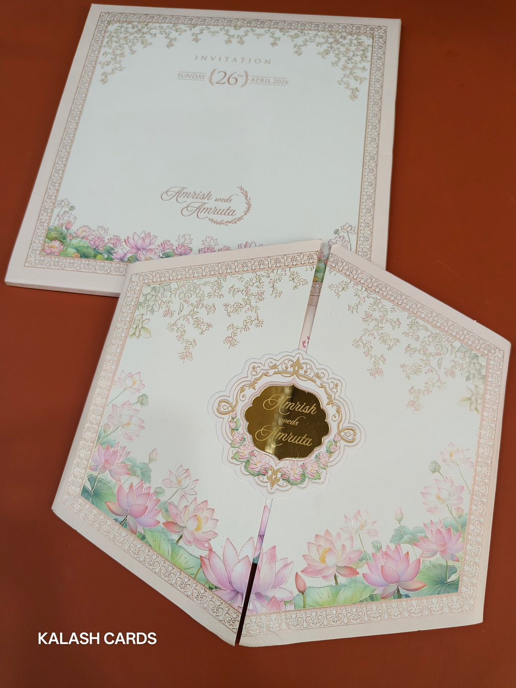 KLB503 Pastel Pink Lotus Theme Semi Box Wedding Card (2 Page)-Kalash Cards