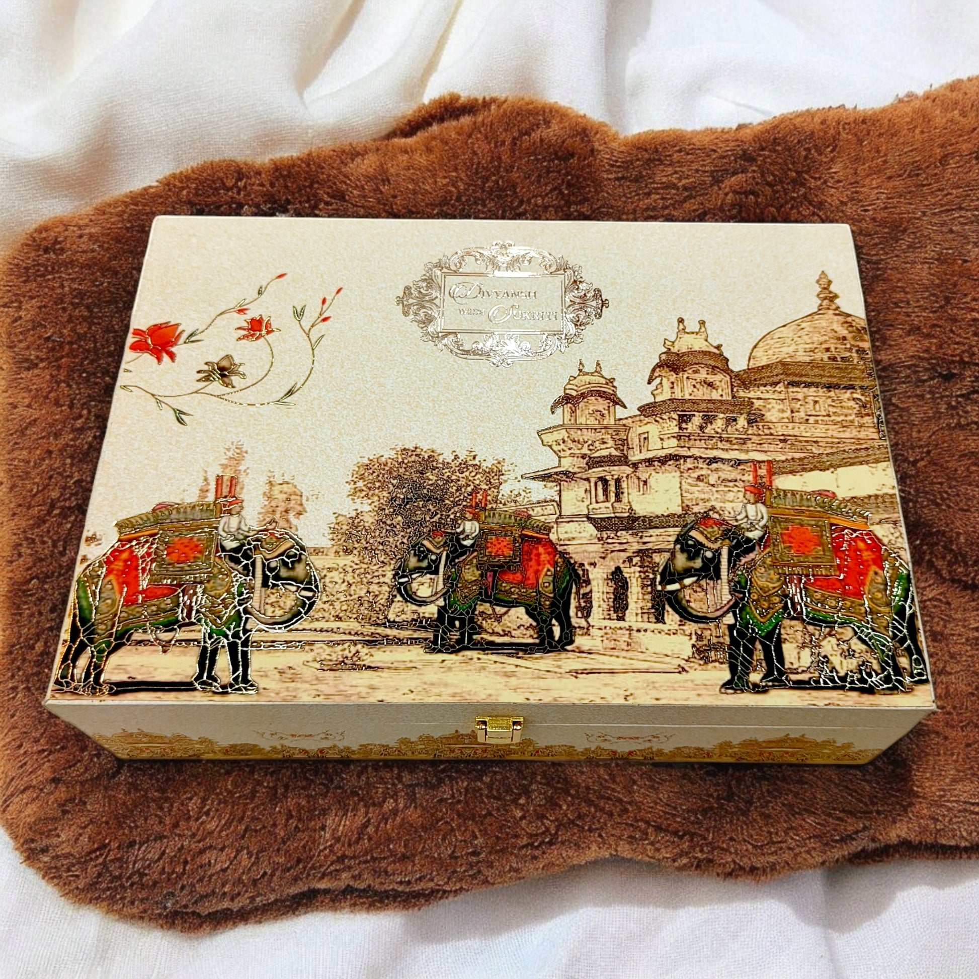 KL2166 Traditional Elephant Fort Theme MDF Wedding Gift Box with Customisable 2 Gold Foil Printed Cards (2 Jars)-Kalash Cards