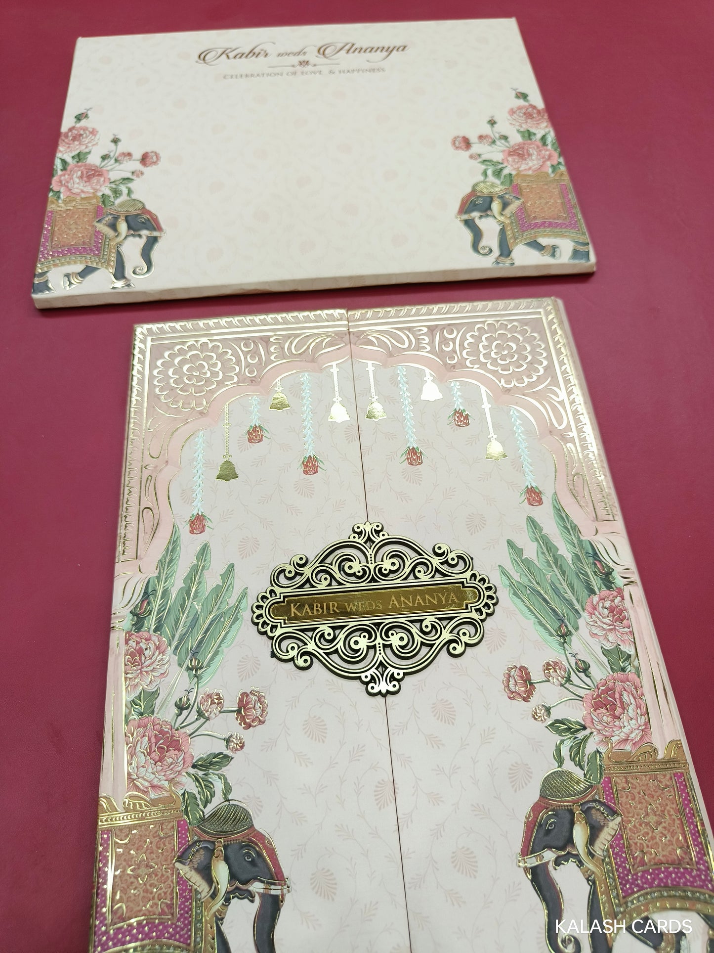 KLB695* Luxury Floral Elephant Design Hardbound Padding Thick Wedding Card with Couple Name Acrylic Mirror-Kalash Cards