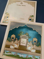KLB511 Pichwai Jharokha Theme Glitter Gold Laser Cut Work Hardboard Padding Thick Wedding Card (2 Thick Page)-Kalash Cards