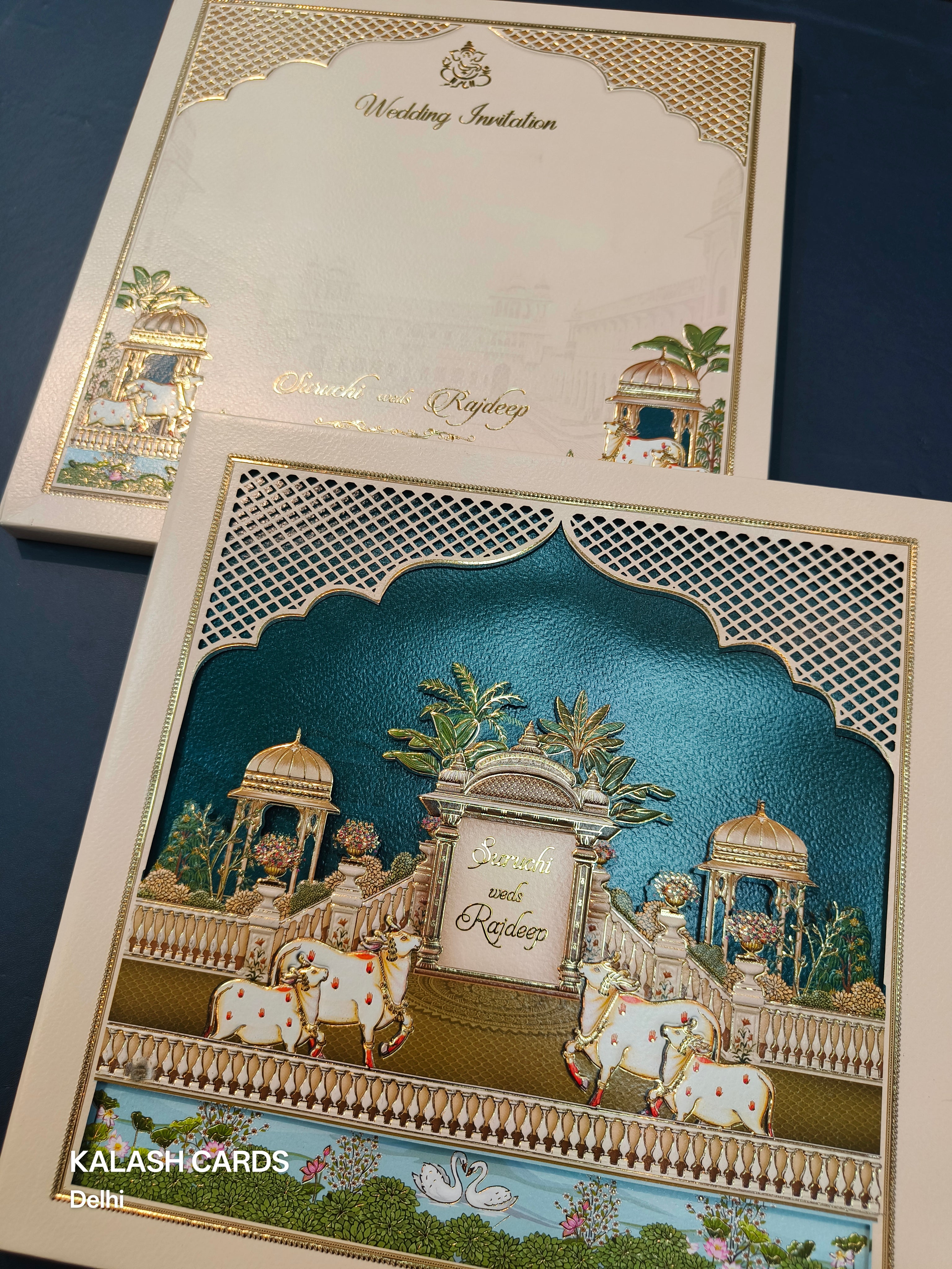 KLB511 Pichwai Jharokha Theme Glitter Gold Laser Cut Work Hardboard Padding Thick Wedding Card (2 Thick Page)-Kalash Cards