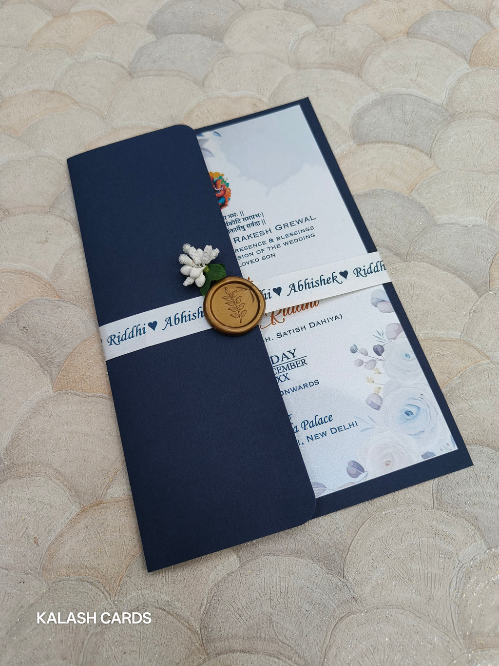 KL2126 Minimal Floral Design Wedding Card with Flower Seal and Band (1 Page)-Kalash Cards
