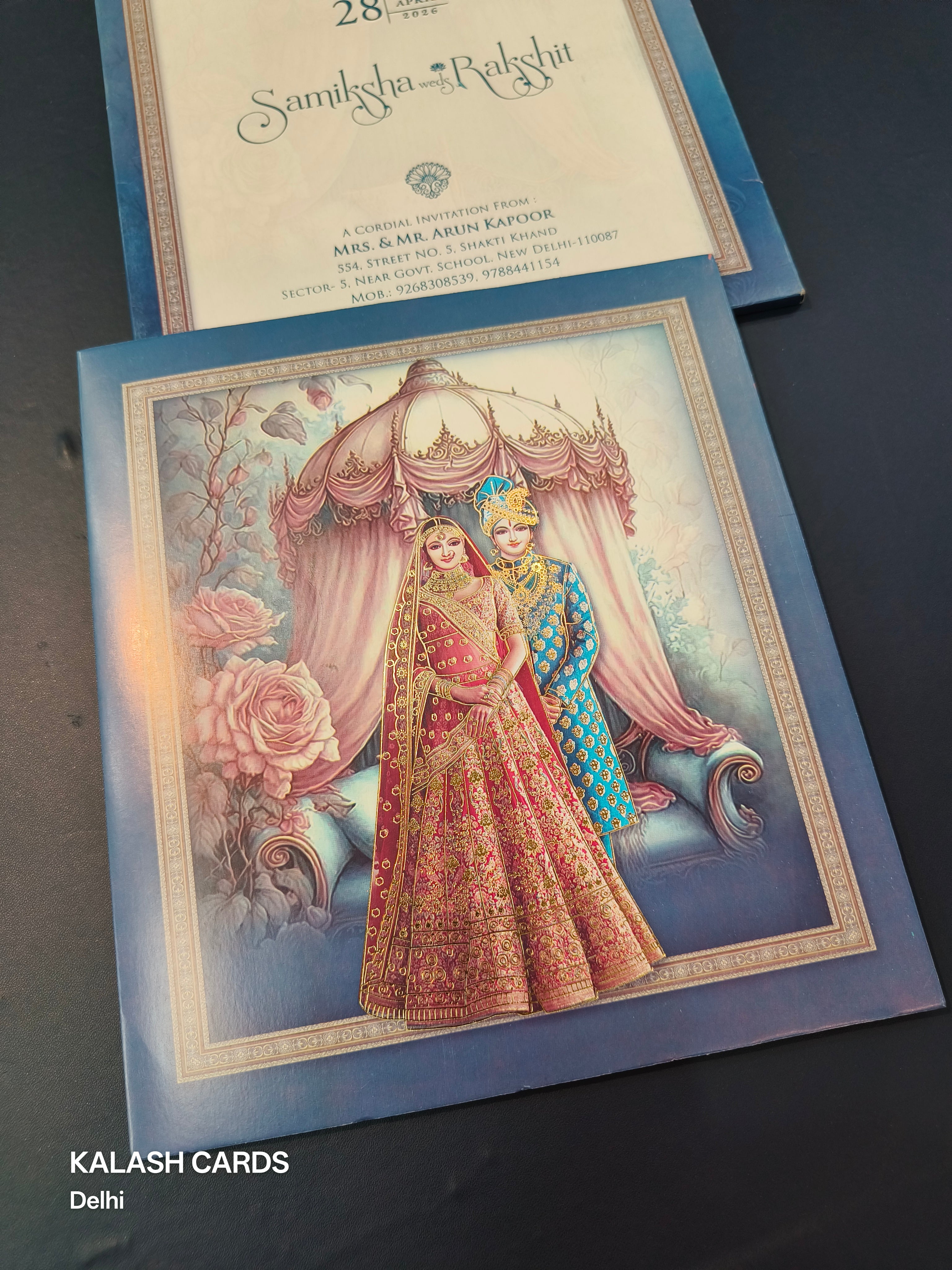 KLB577 Raja Rani Design Blue Paper Wedding Card (2 Page)-Kalash Cards