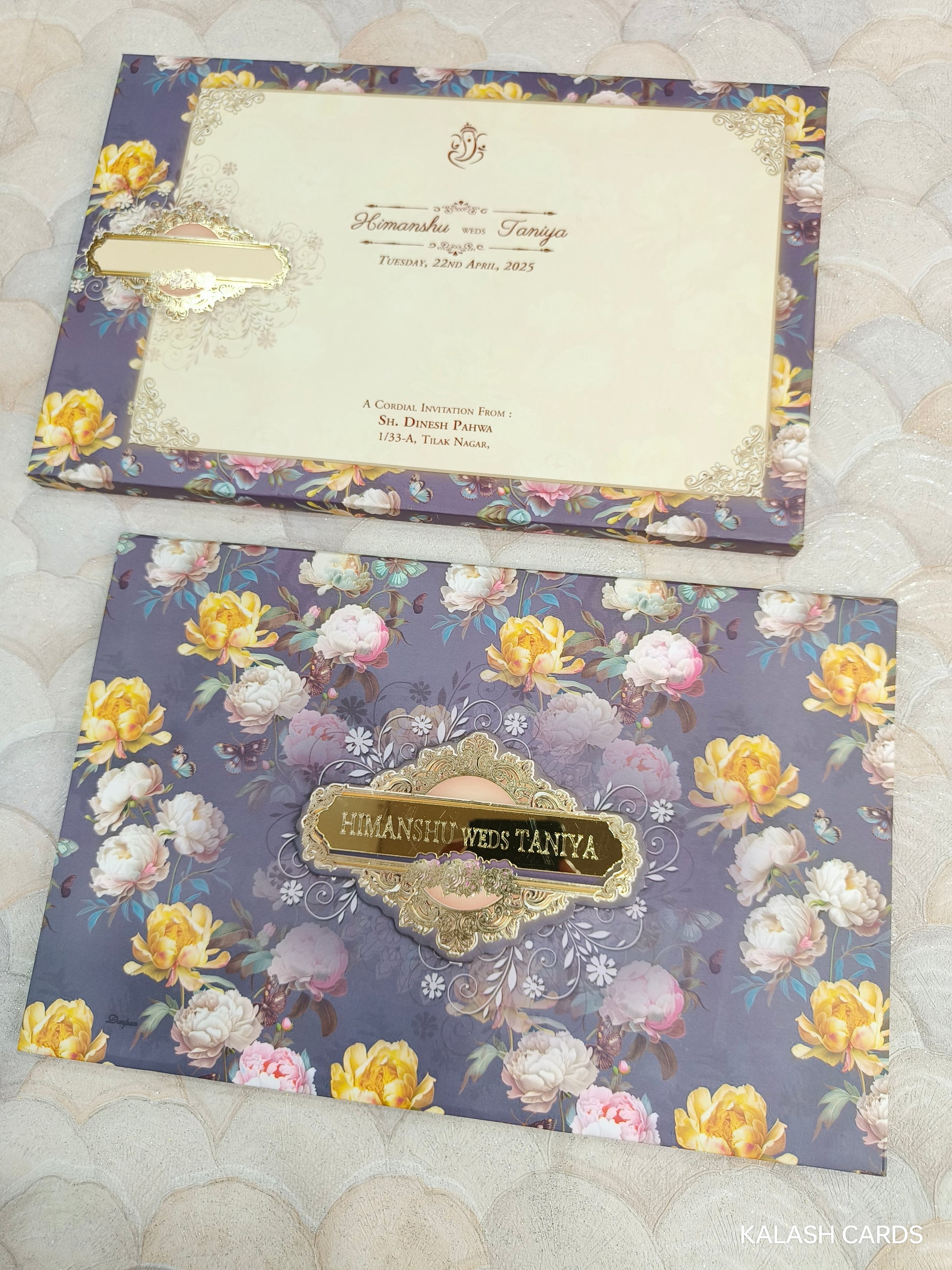 KLB736 Floral Design Hardbound Padding Thick Wedding Card with Couple Name Acrylic Mirror-Kalash Cards