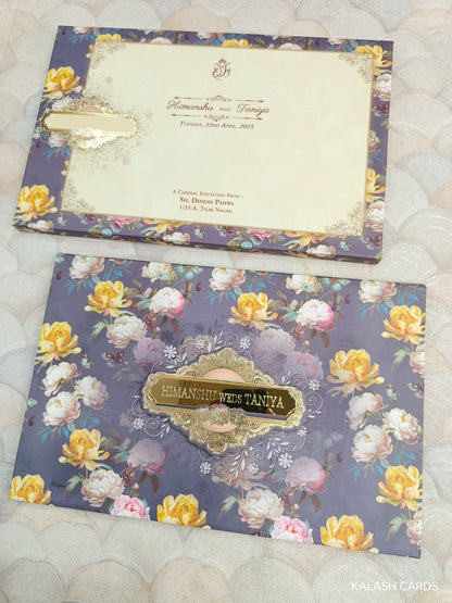 KLB736 Floral Design Hardbound Padding Thick Wedding Card with Couple Name Acrylic Mirror-Kalash Cards